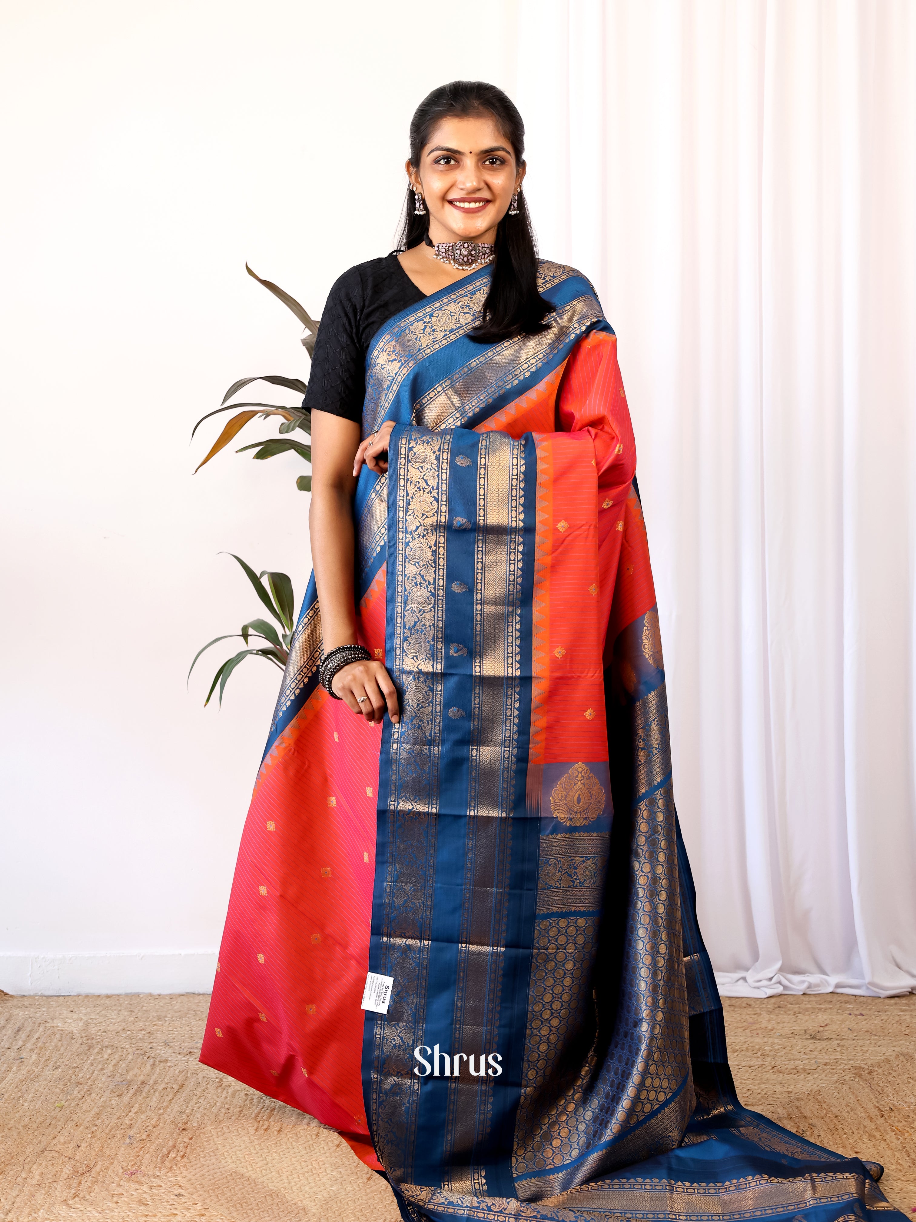 Orange & Blue - Gadwal halfpure Saree - Shop on Shrus.com