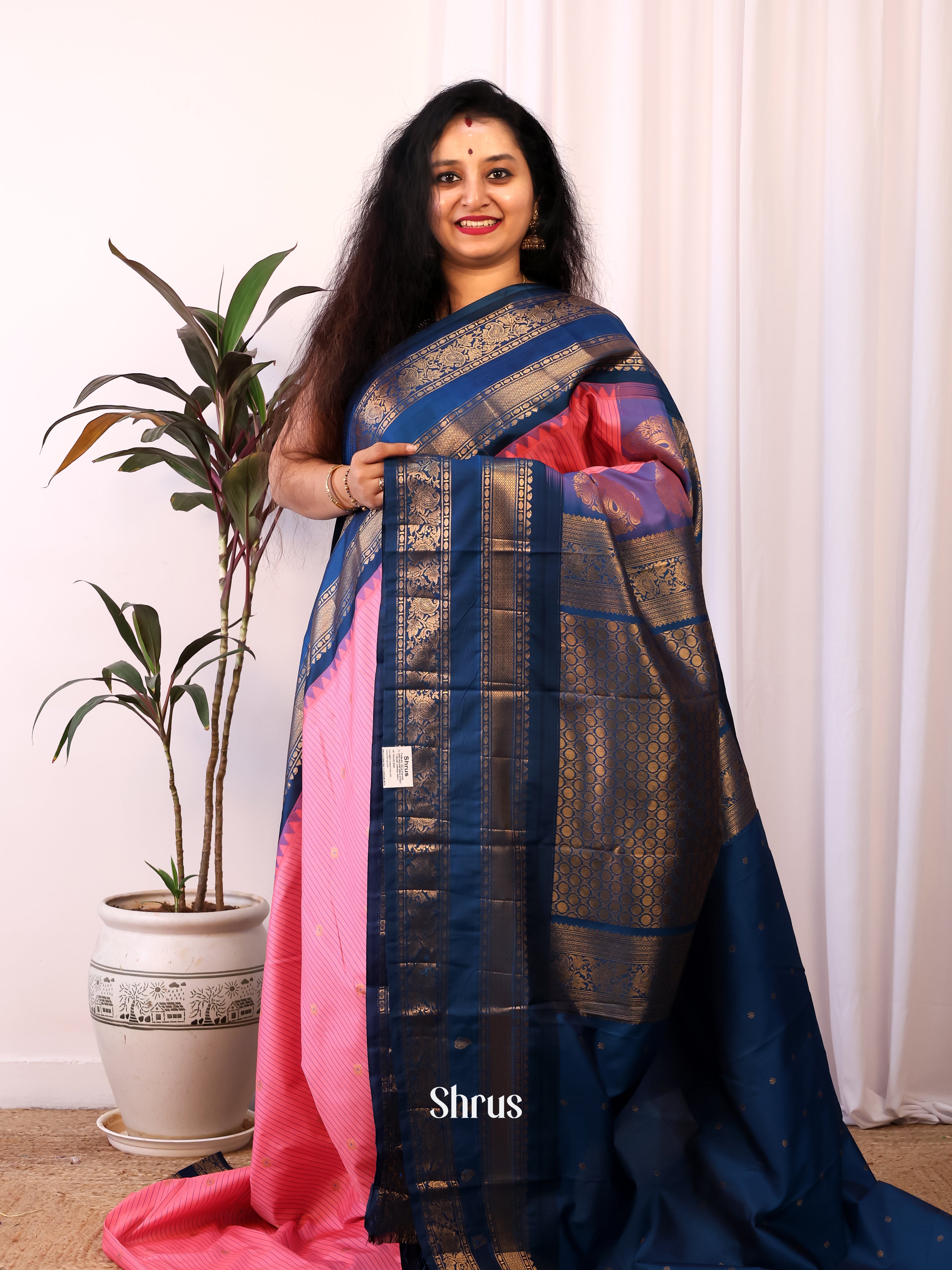 Pink & Blue - Gadwal halfpure Saree - Shop on Shrus.com