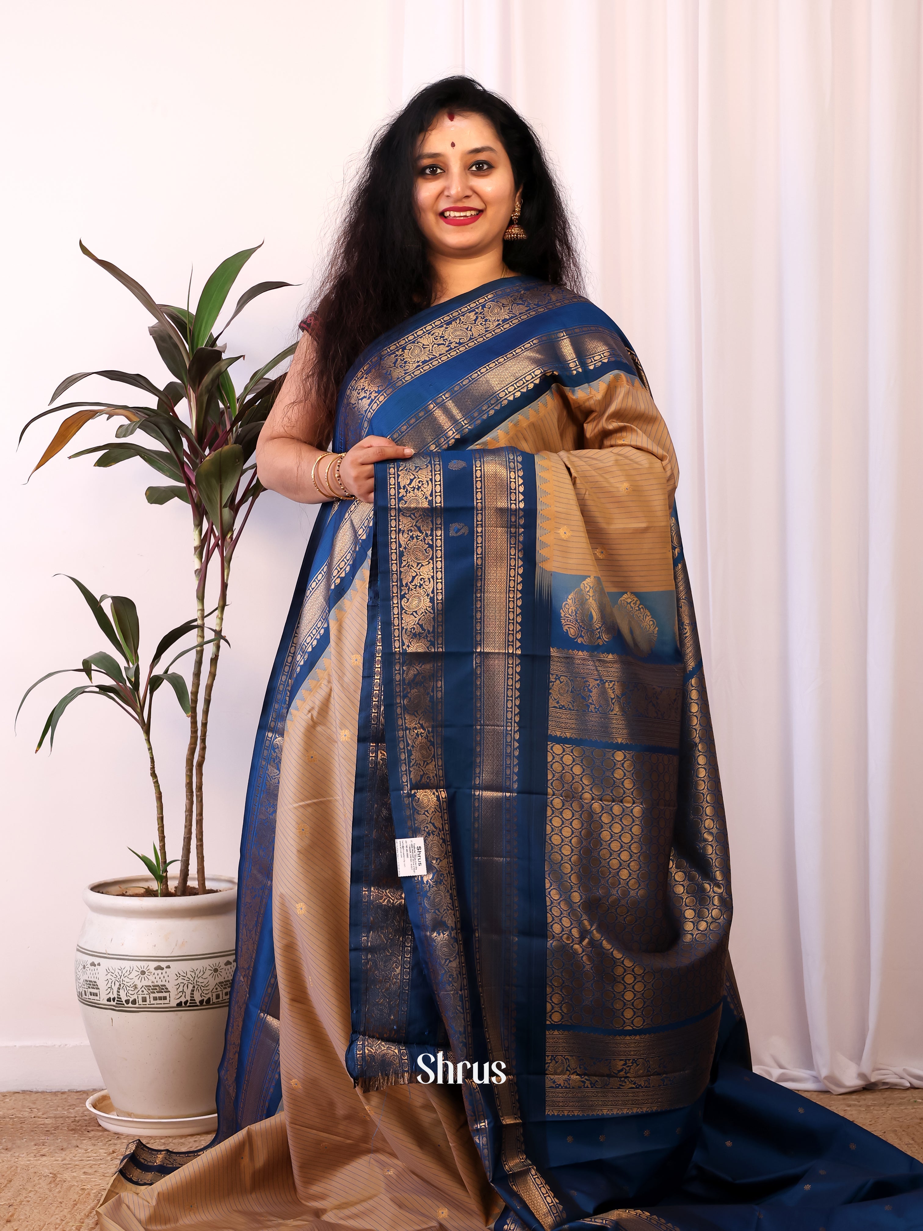 Brown & Blue- Gadwal halfpure Saree - Shop on Shrus.com