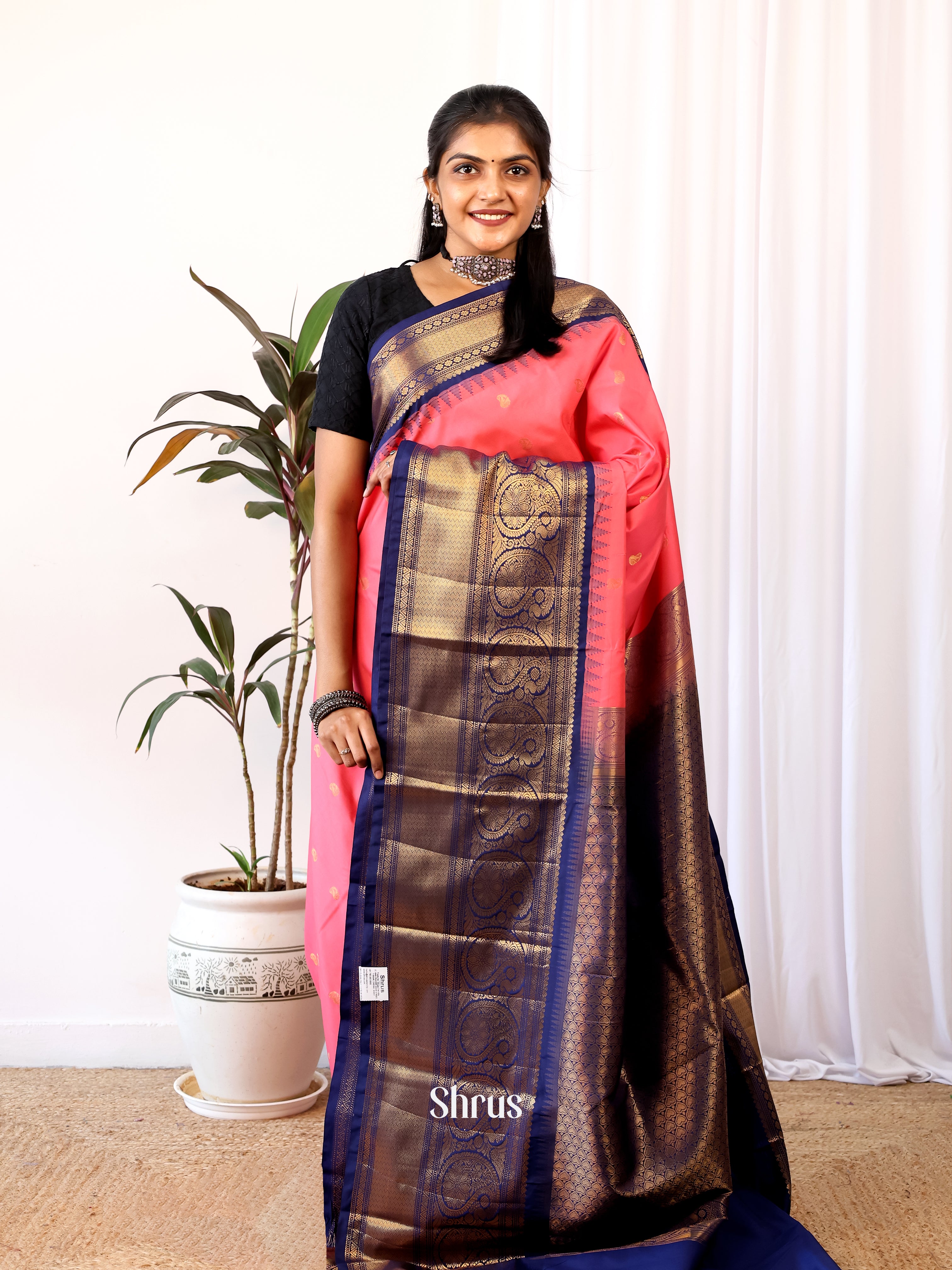 Pink & Blue- Gadwal halfpure Saree - Shop on Shrus.com