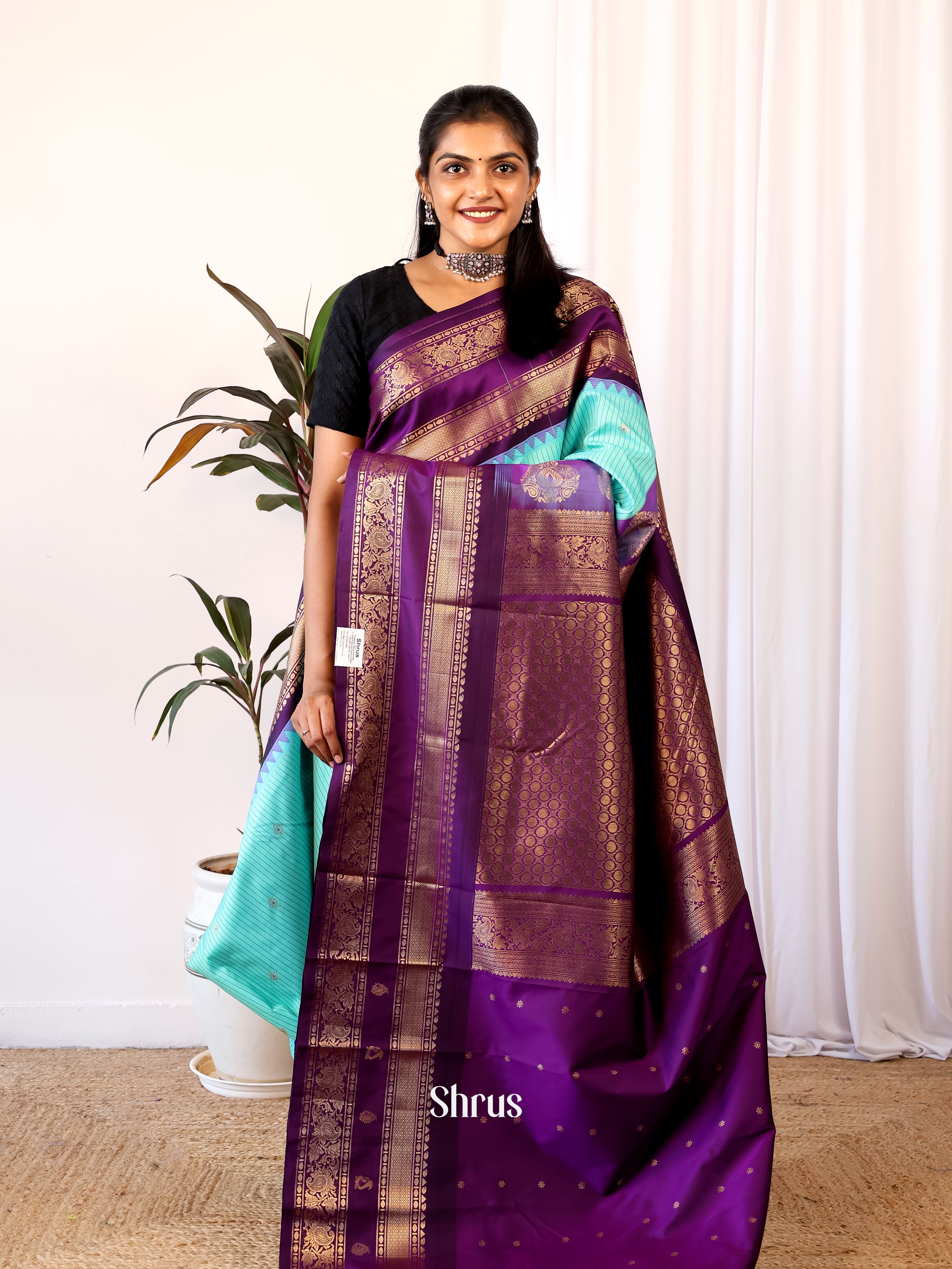 Teal & Purple - Gadwal halfpure Saree - Shop on Shrus.com