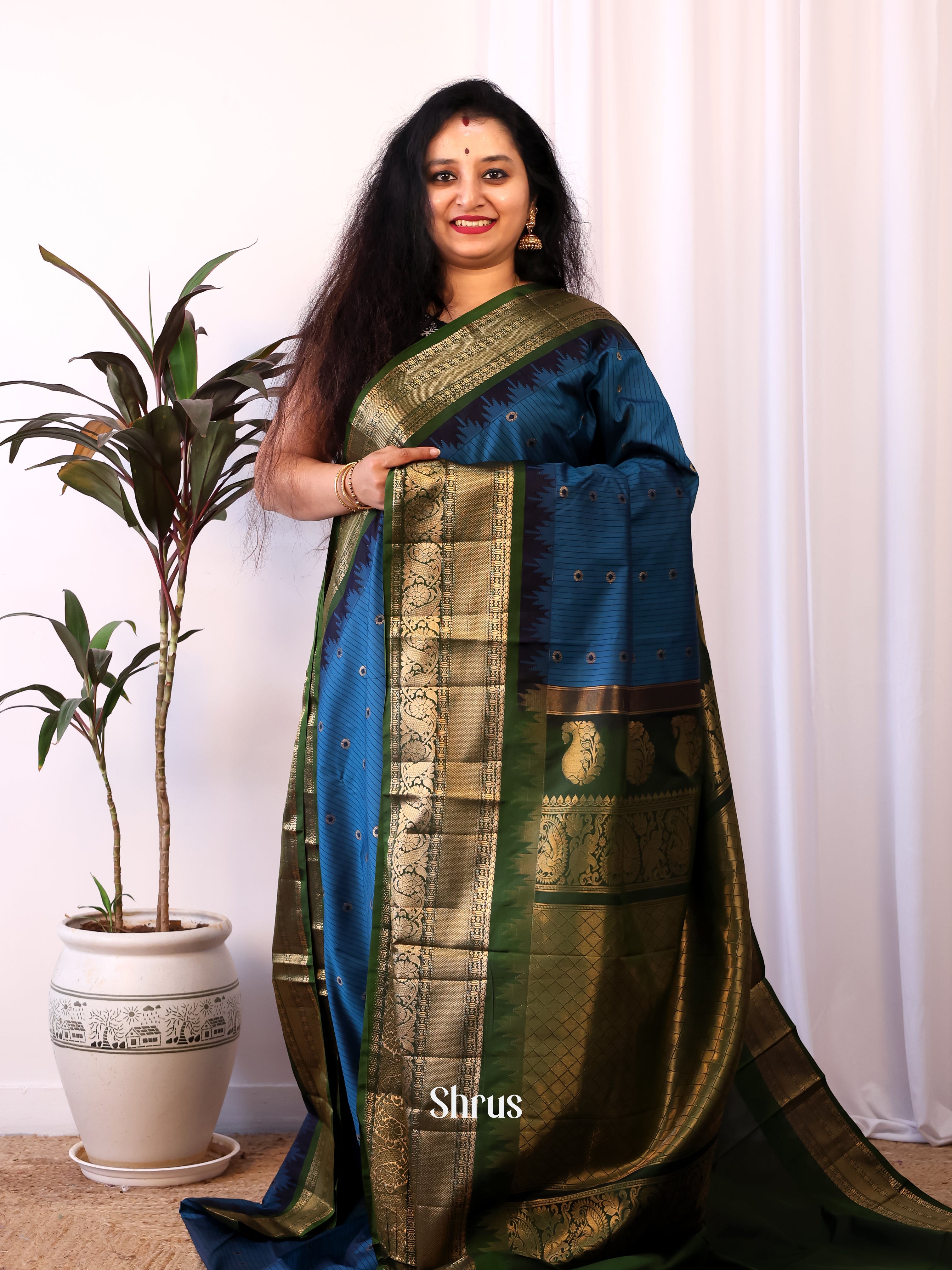 Blue & Green- Gadwal halfpure Saree - Shop on Shrus.com