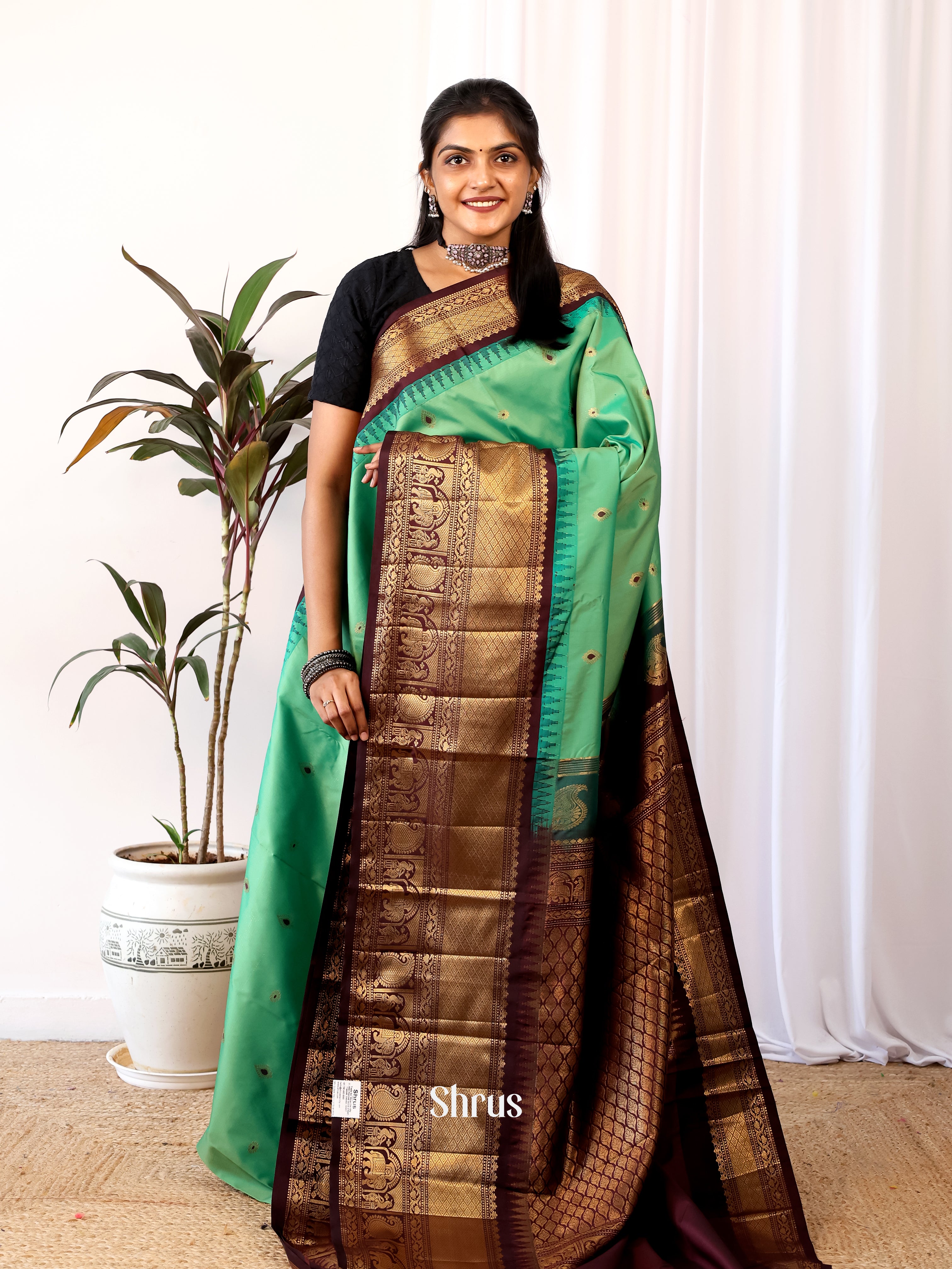 Green & Brown - Gadwal halfpure Saree - Shop on Shrus.com
