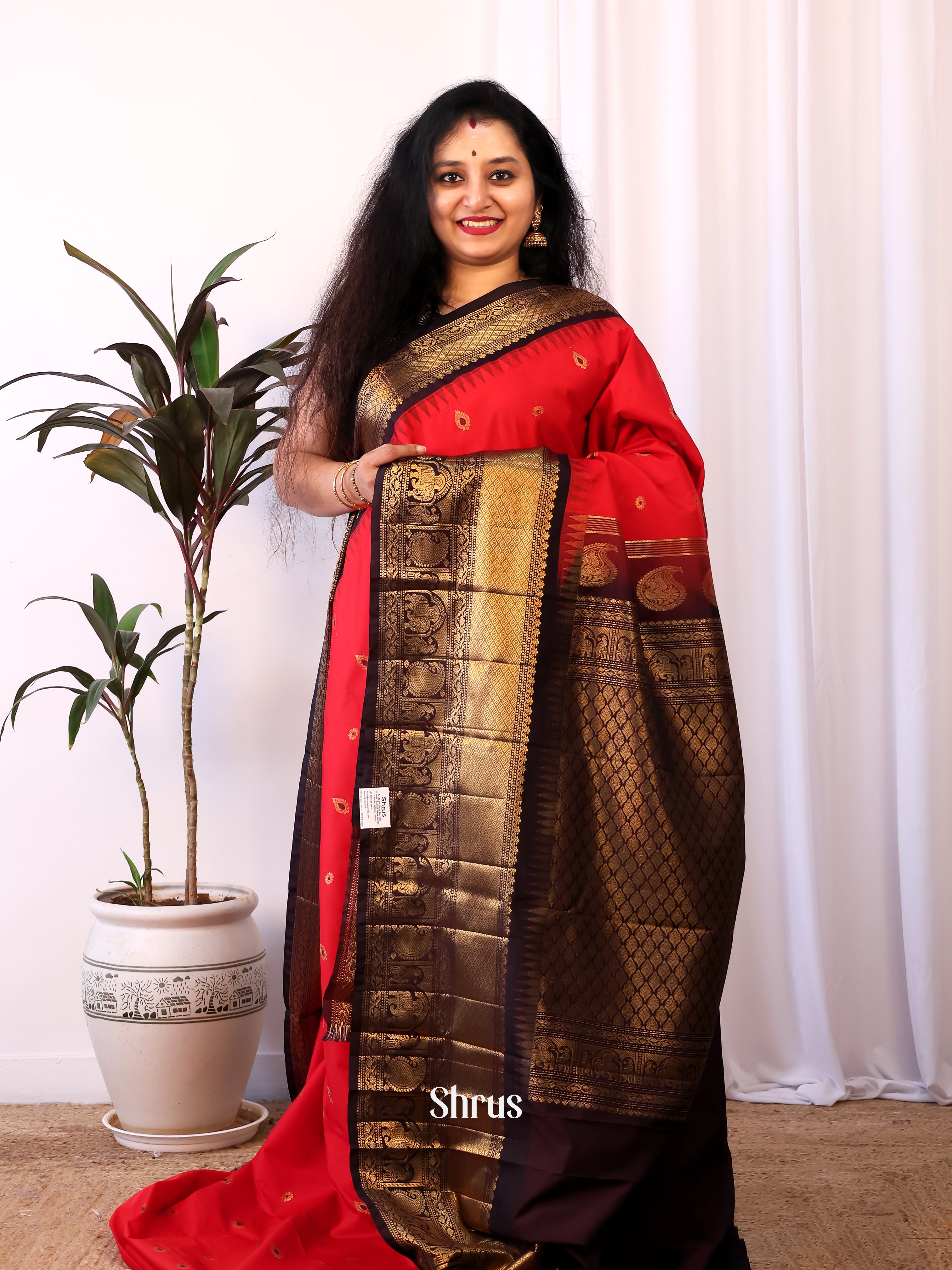 Red & Brown- Gadwal halfpure Saree - Shop on Shrus.com
