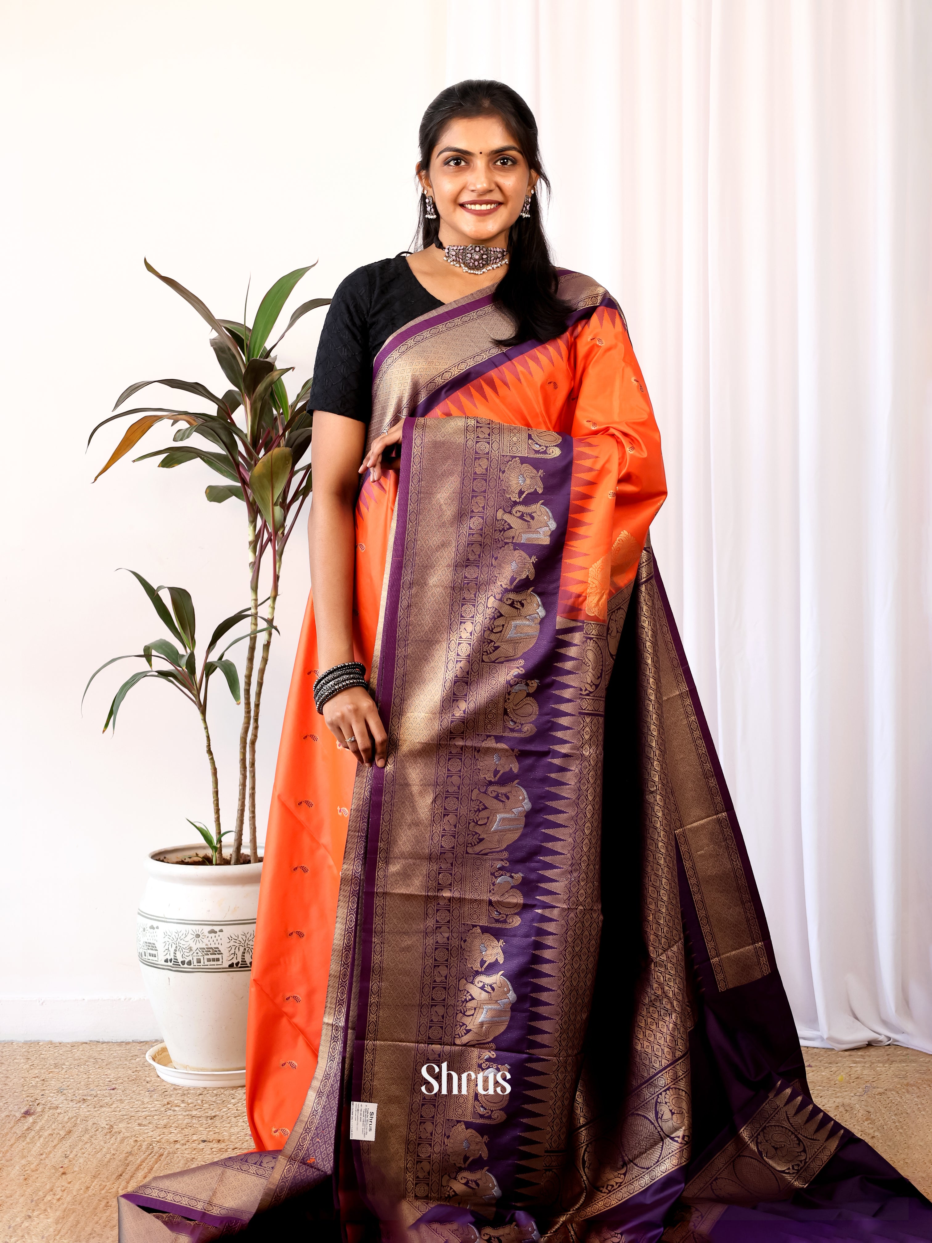 Orange & Violet- Gadwal halfpure Saree - Shop on Shrus.com