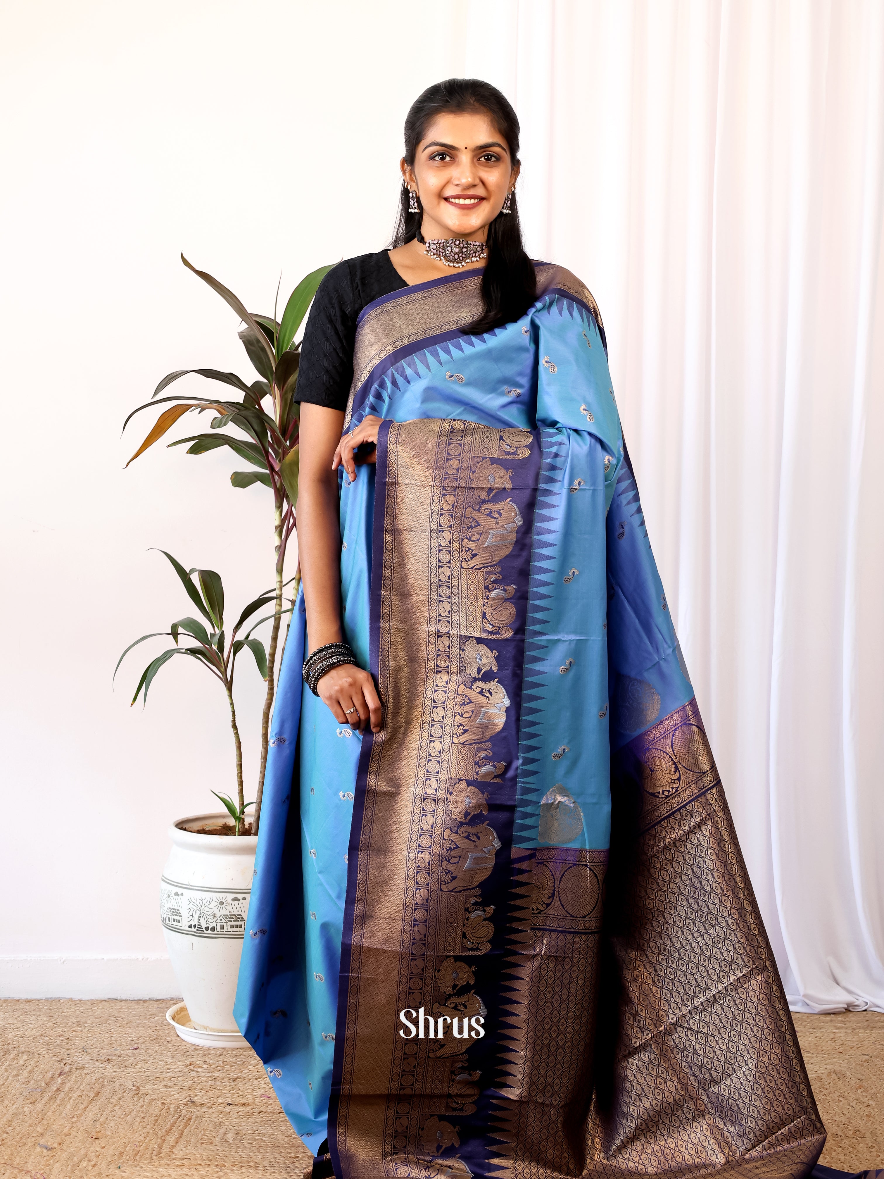Lite Blue & Blue- Gadwal halfpure Saree - Shop on Shrus.com