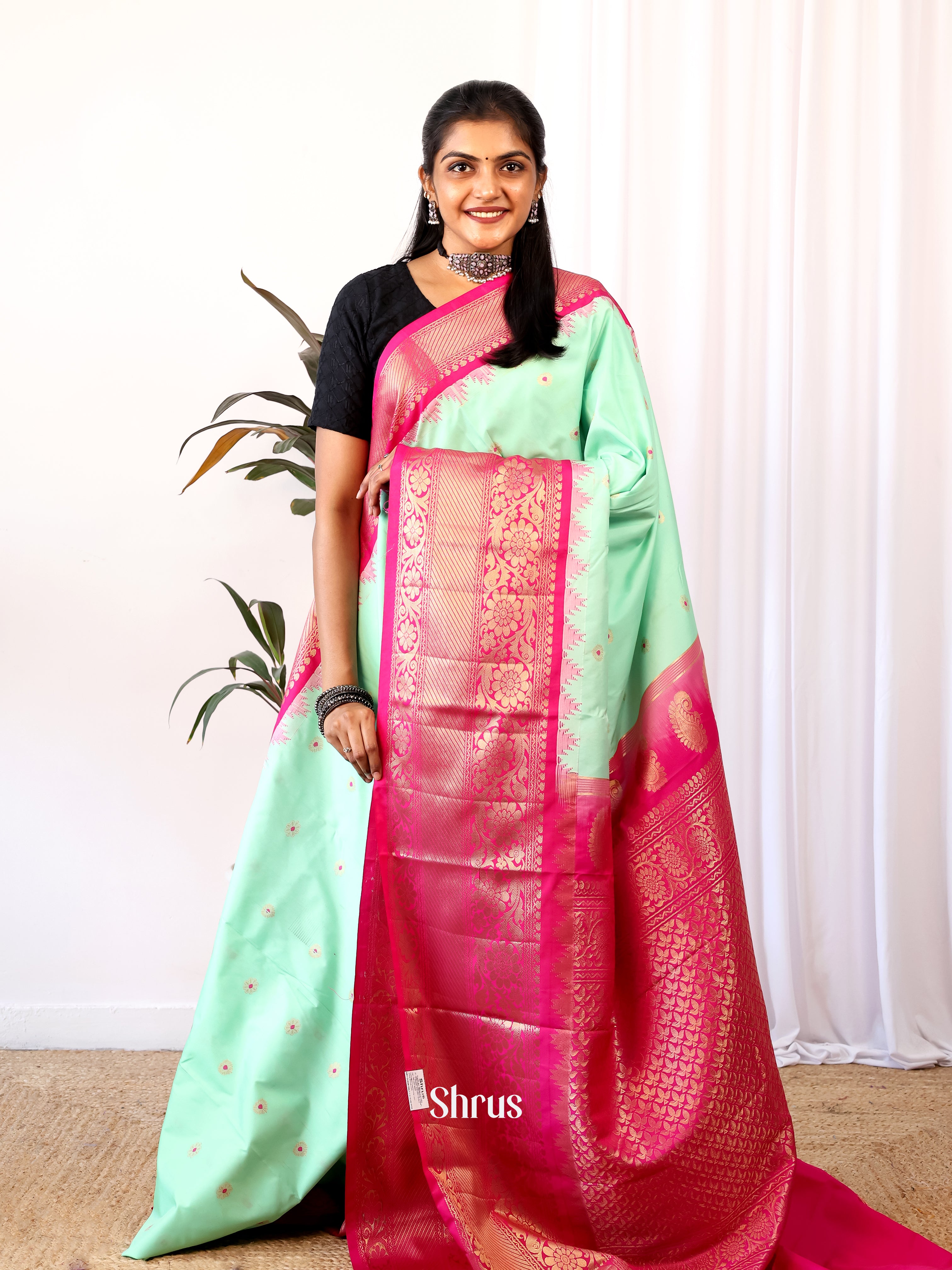 Teal Green & Pink - Gadwal halfpure Saree - Shop on Shrus.com