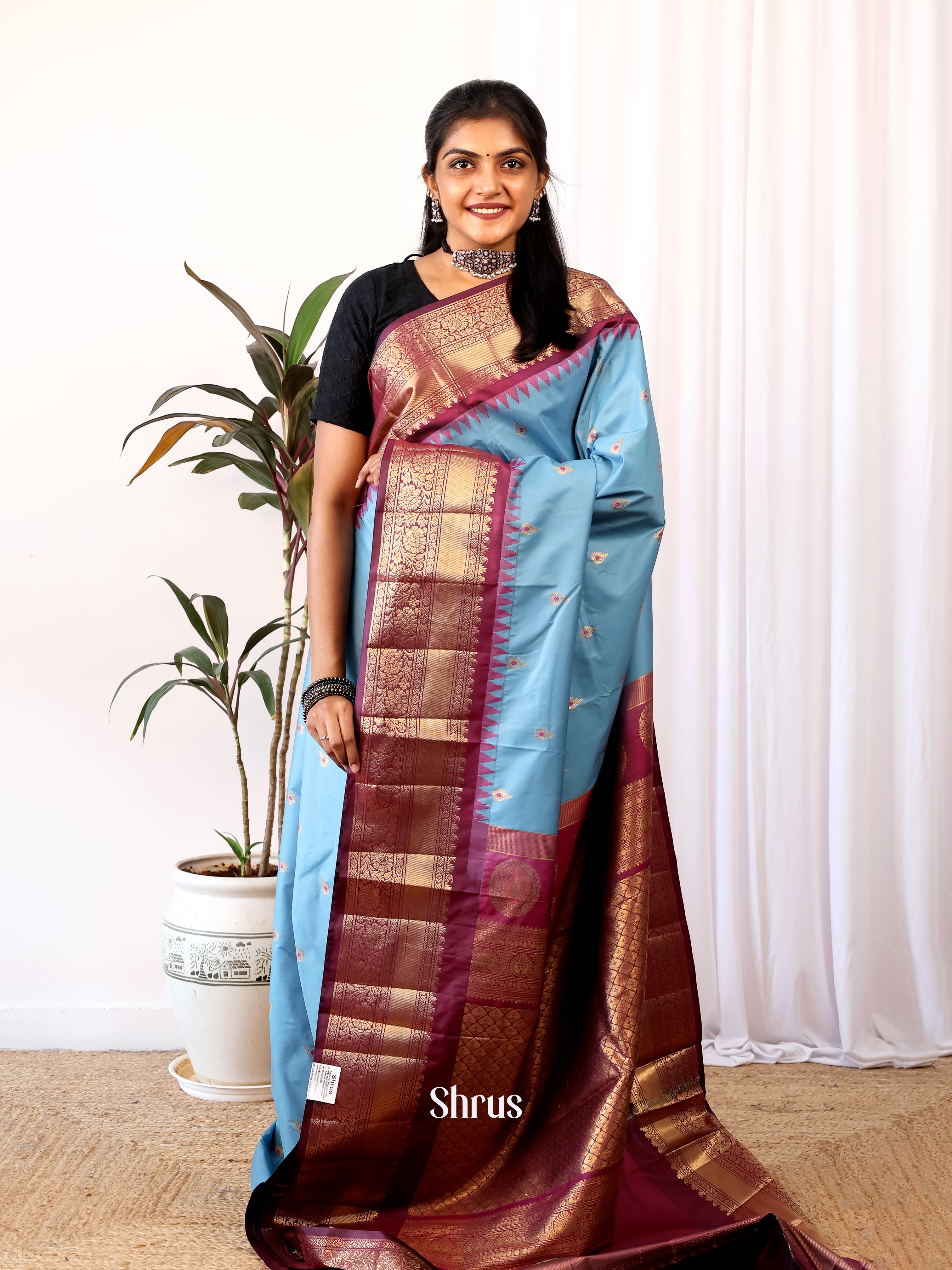 Blue &Brown - Gadwal halfpure Saree - Shop on Shrus.com