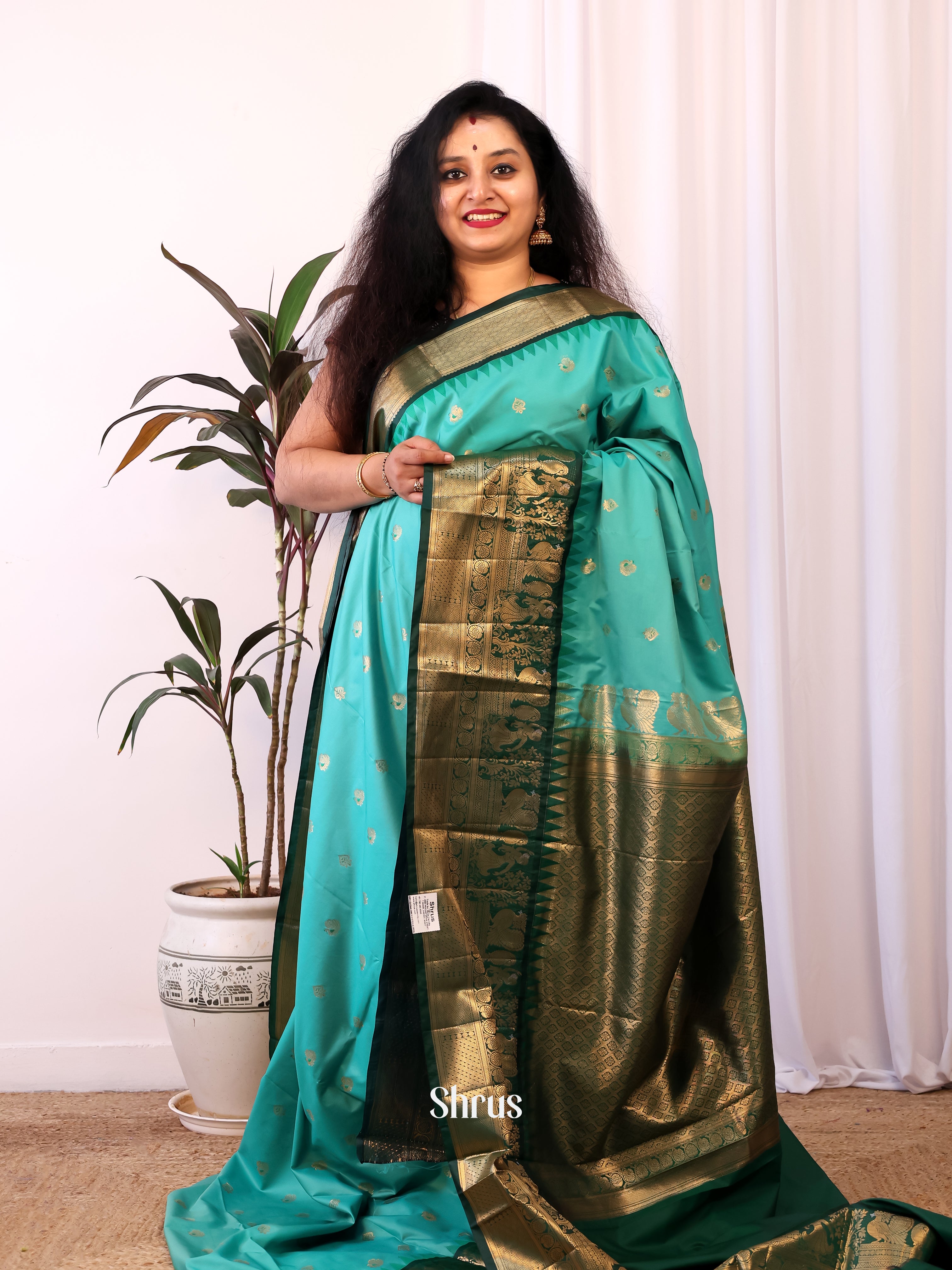 Blue & Green - Gadwal halfpure Saree - Shop on Shrus.com