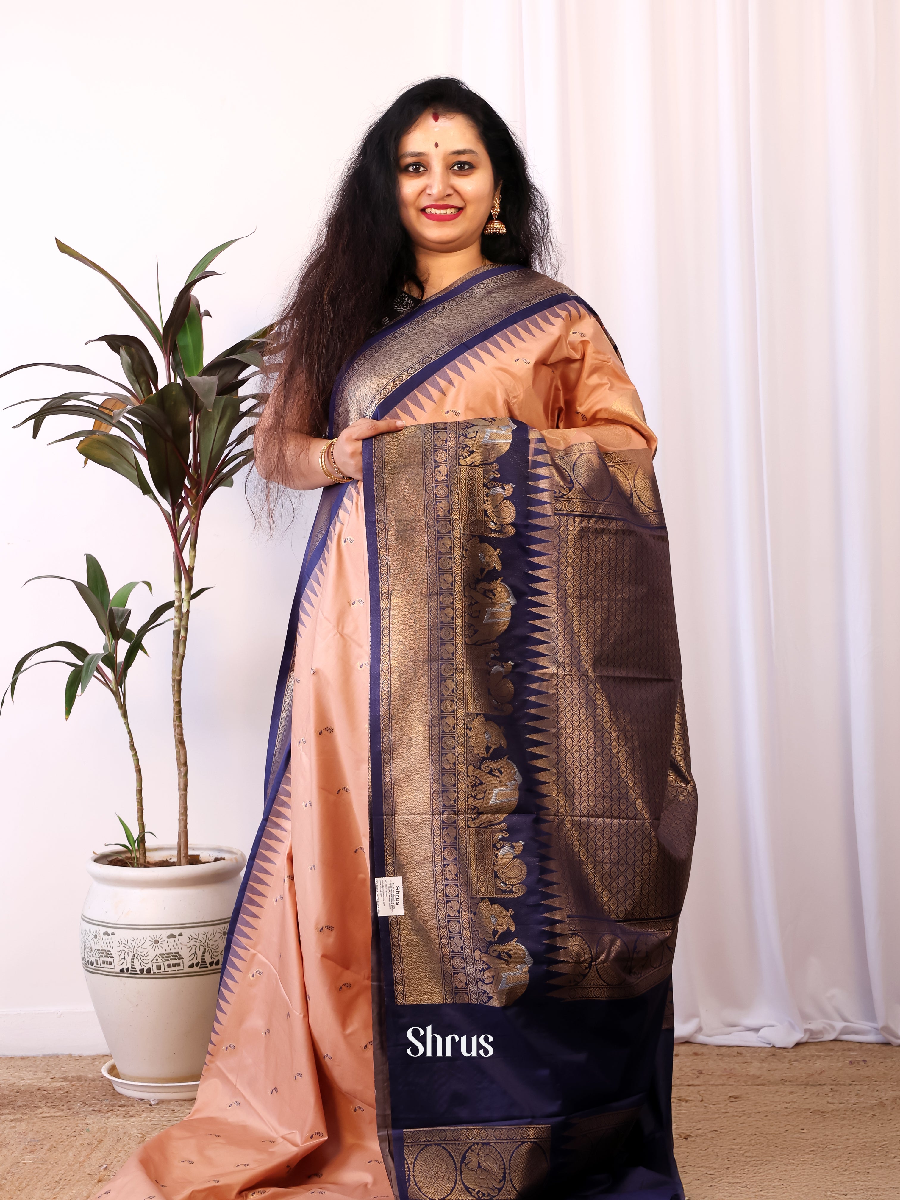 Peach & Blue- Gadwal halfpure Saree - Shop on Shrus.com