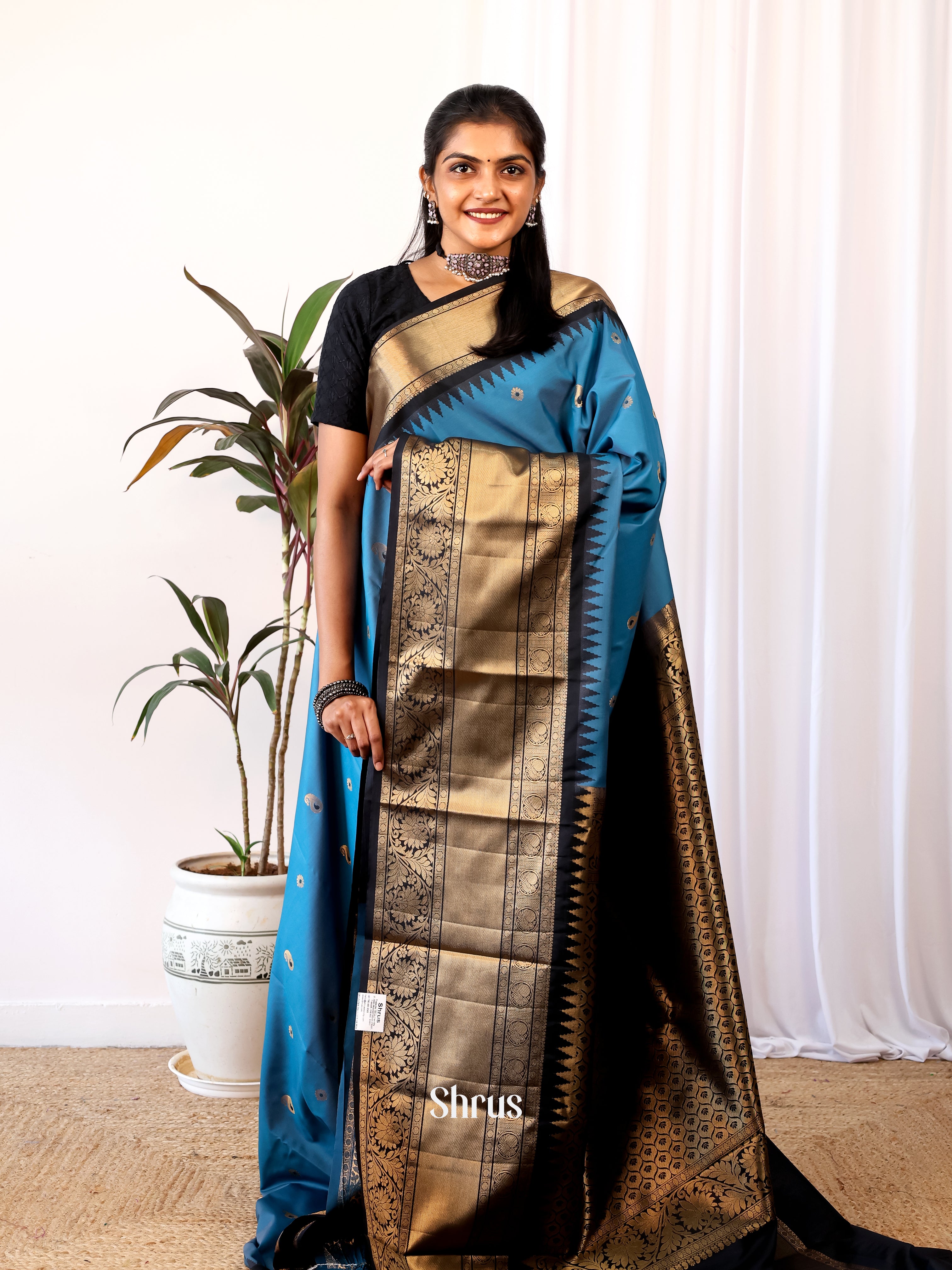 Blue & Black - Gadwal halfpure Saree - Shop on Shrus.com