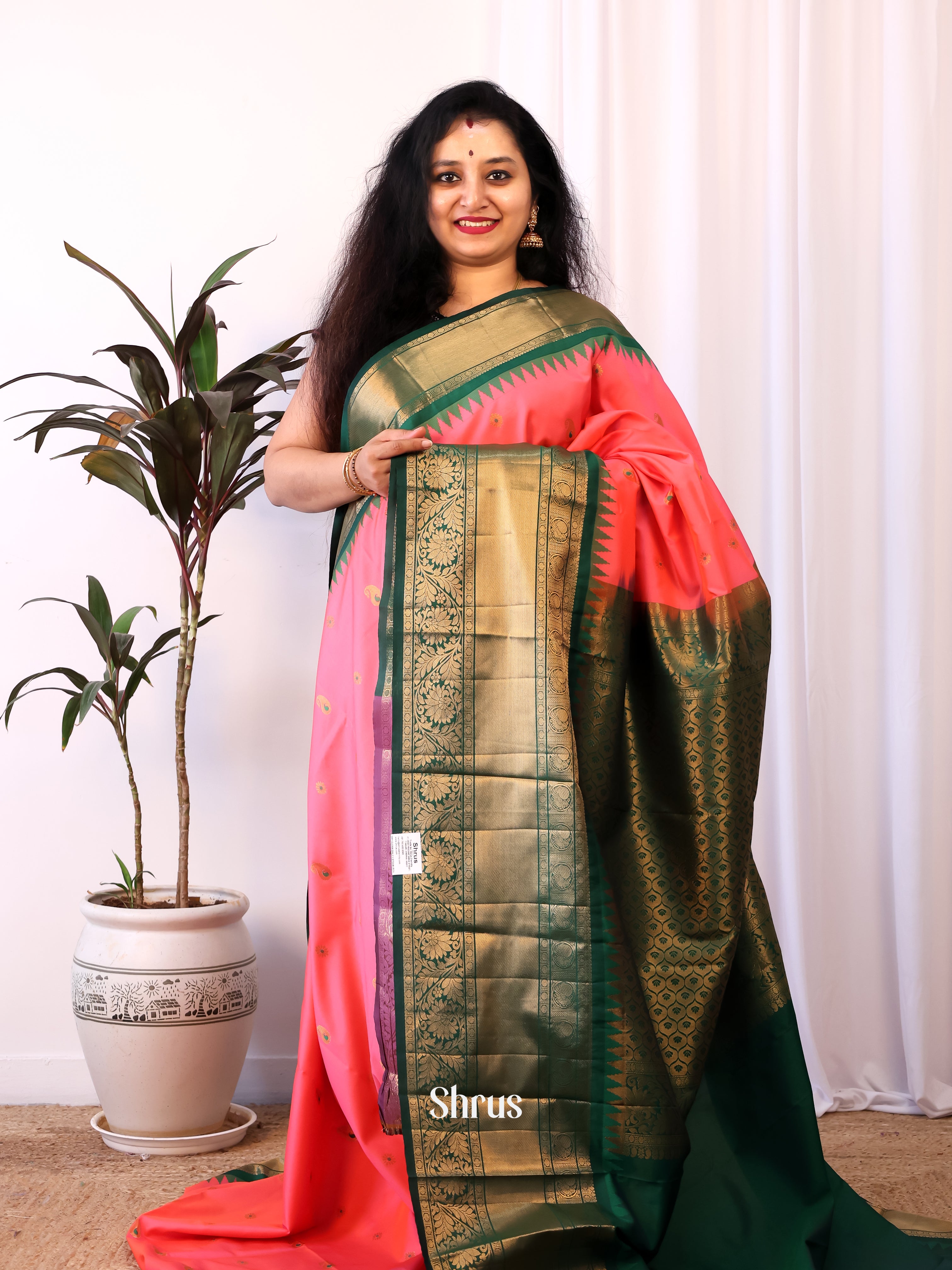 Pink & Green - Gadwal halfpure Saree - Shop on Shrus.com