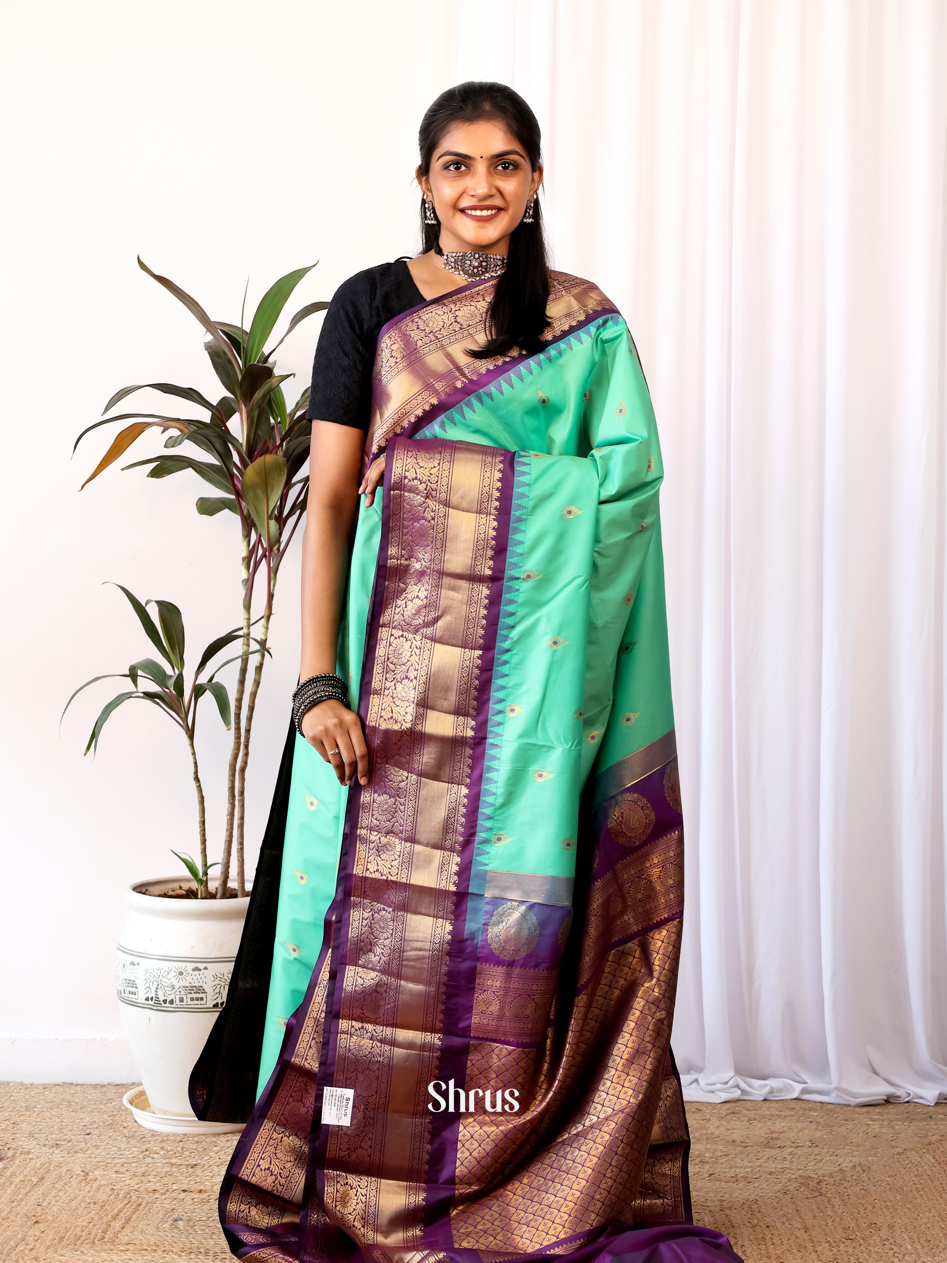 Green & Purple - Gadwal halfpure Saree - Shop on Shrus.com