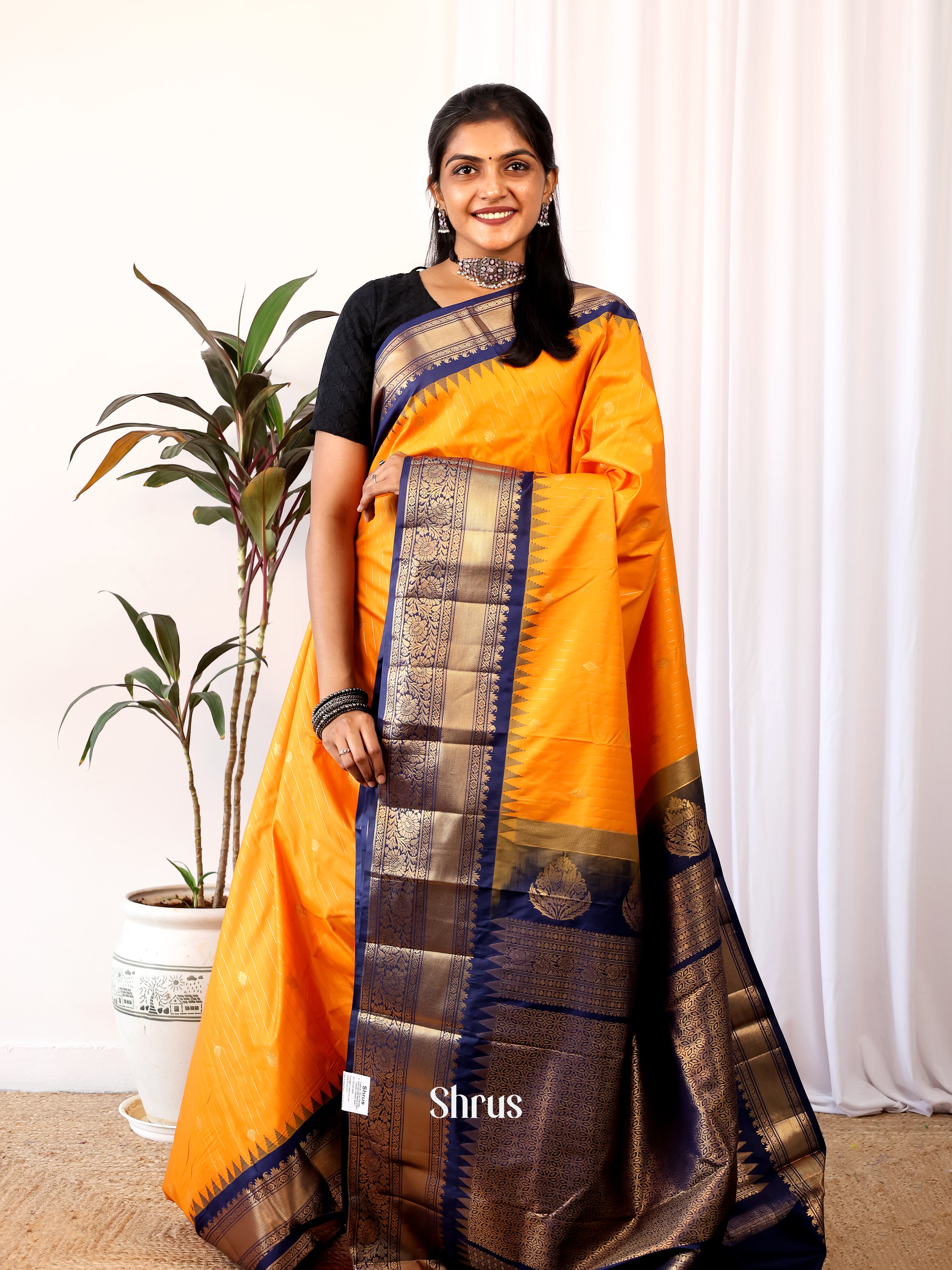 Mustard & Blue - Gadwal halfpure Saree - Shop on Shrus.com