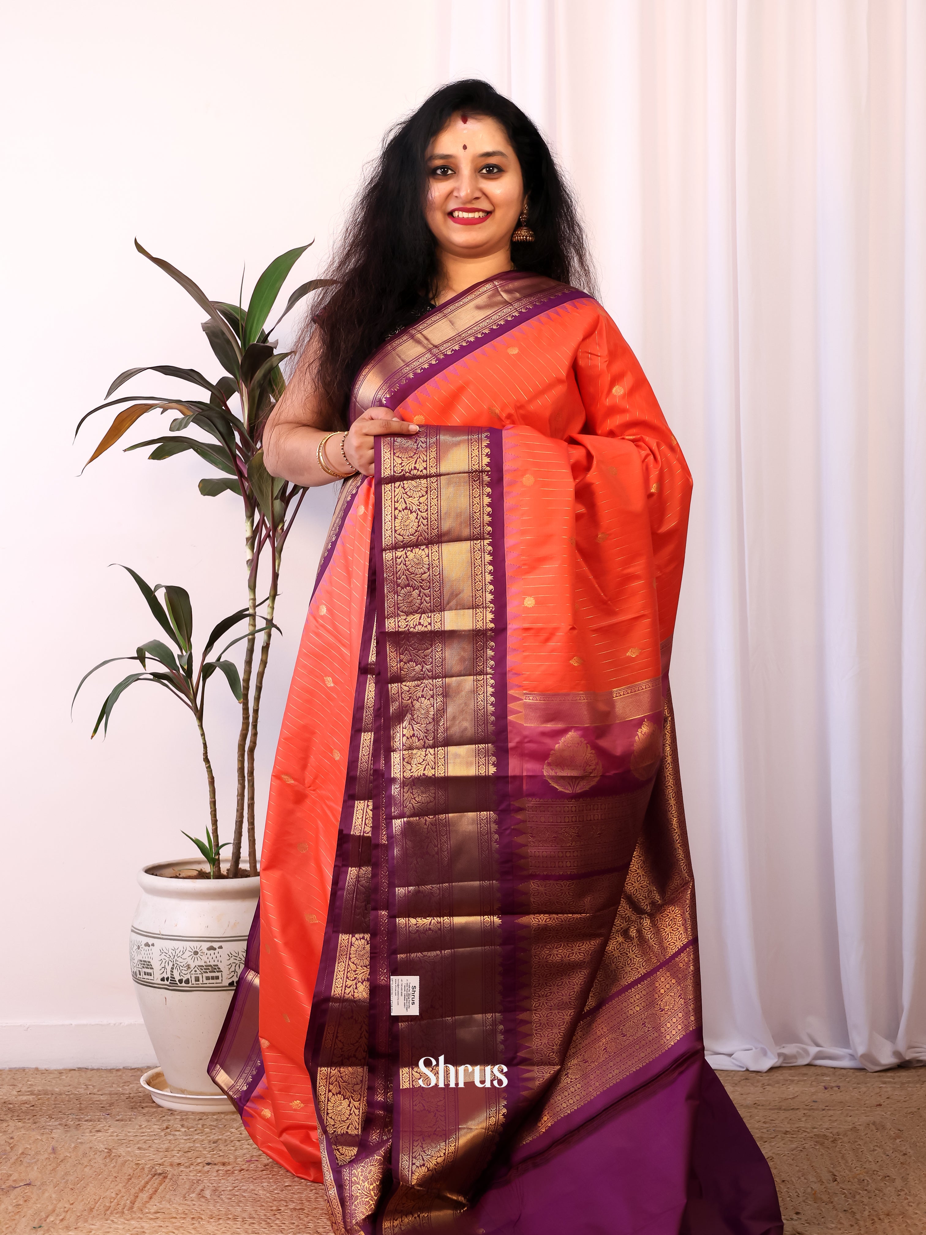 Orange & Purple - Gadwal halfpure Saree - Shop on Shrus.com