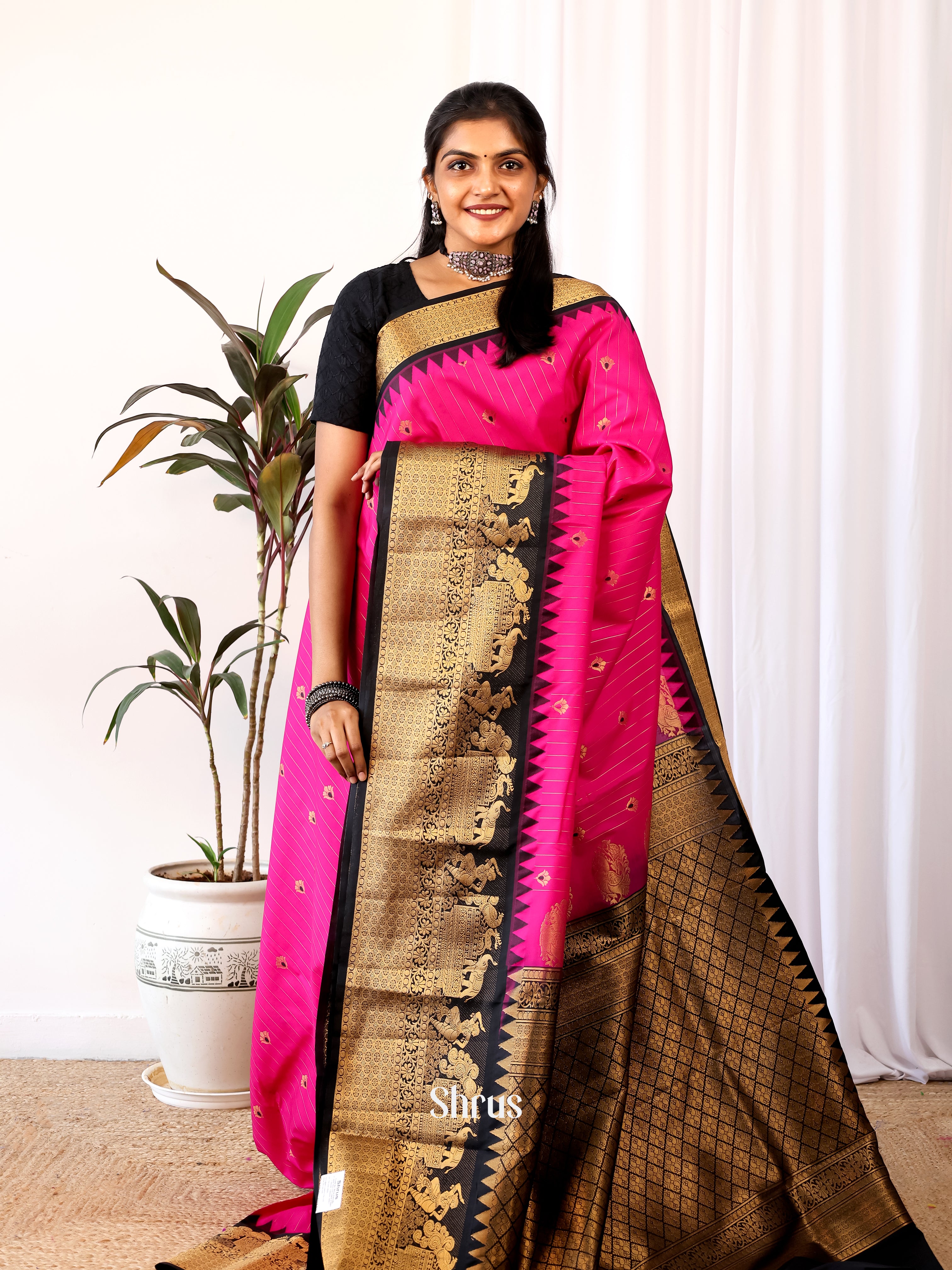 Pink & Black - Gadwal halfpure Saree - Shop on Shrus.com