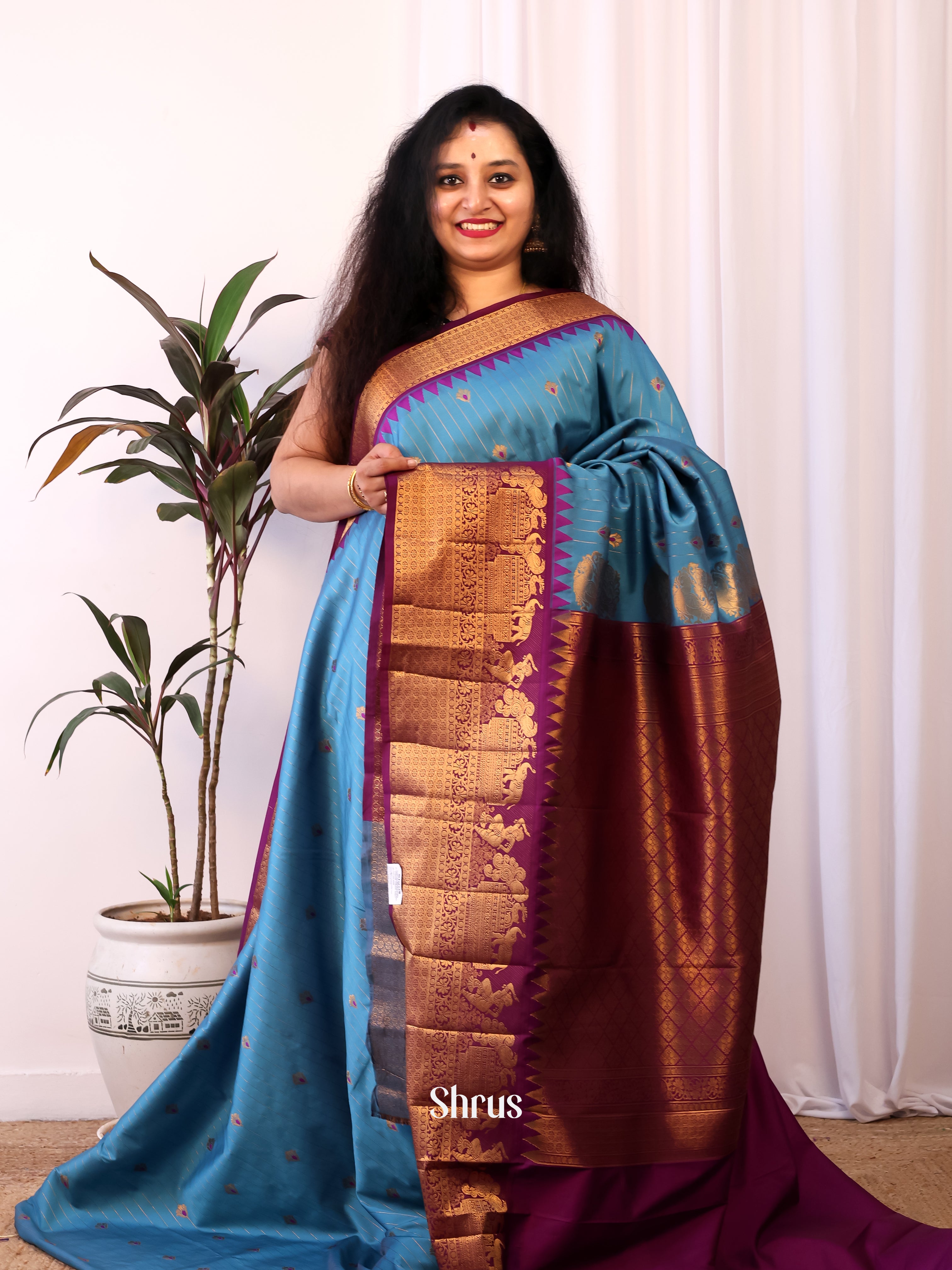 Blue & Purple- Gadwal halfpure Saree - Shop on Shrus.com