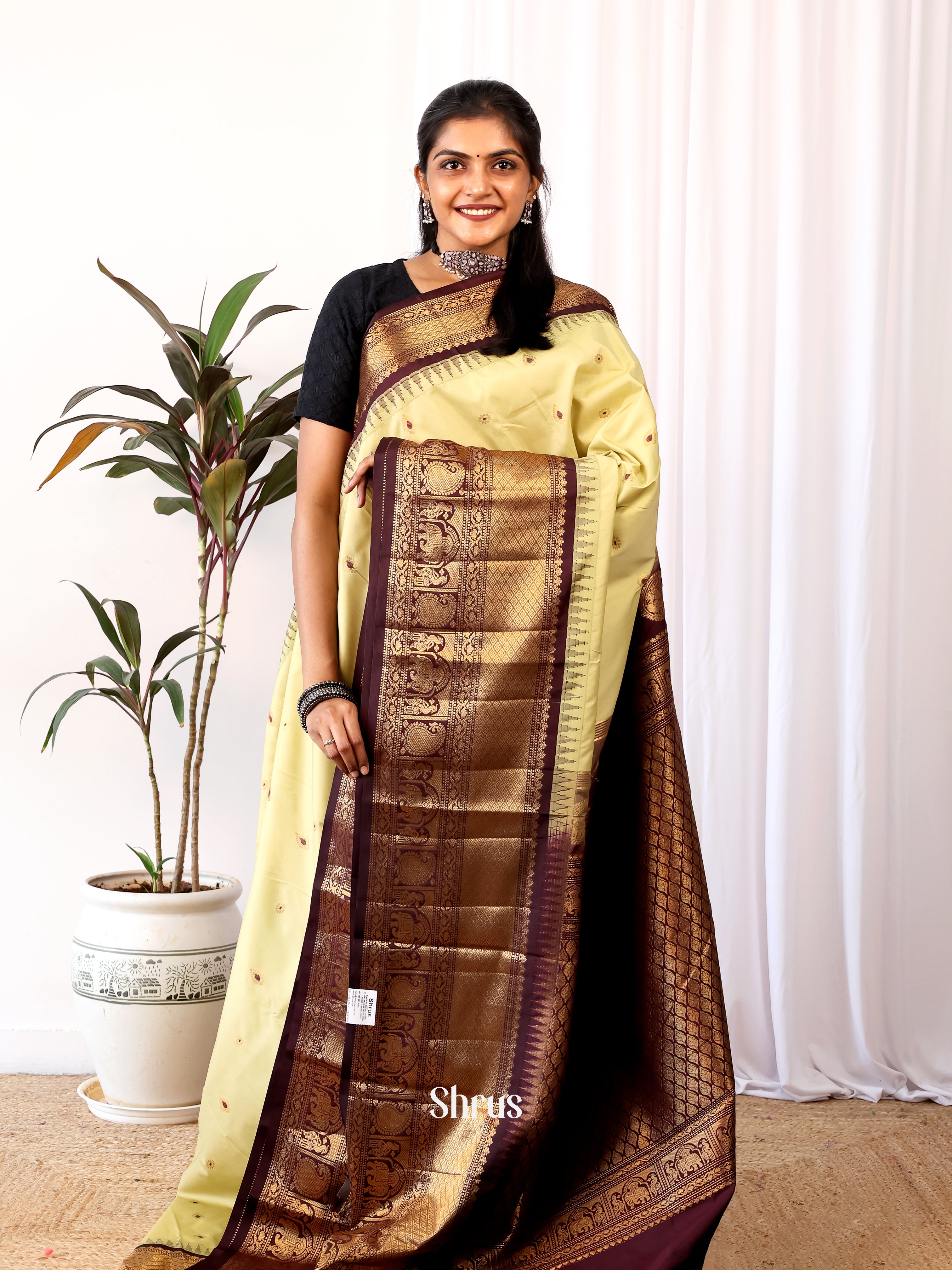 Pale Yellow & Brown- Gadwal halfpure Saree - Shop on Shrus.com