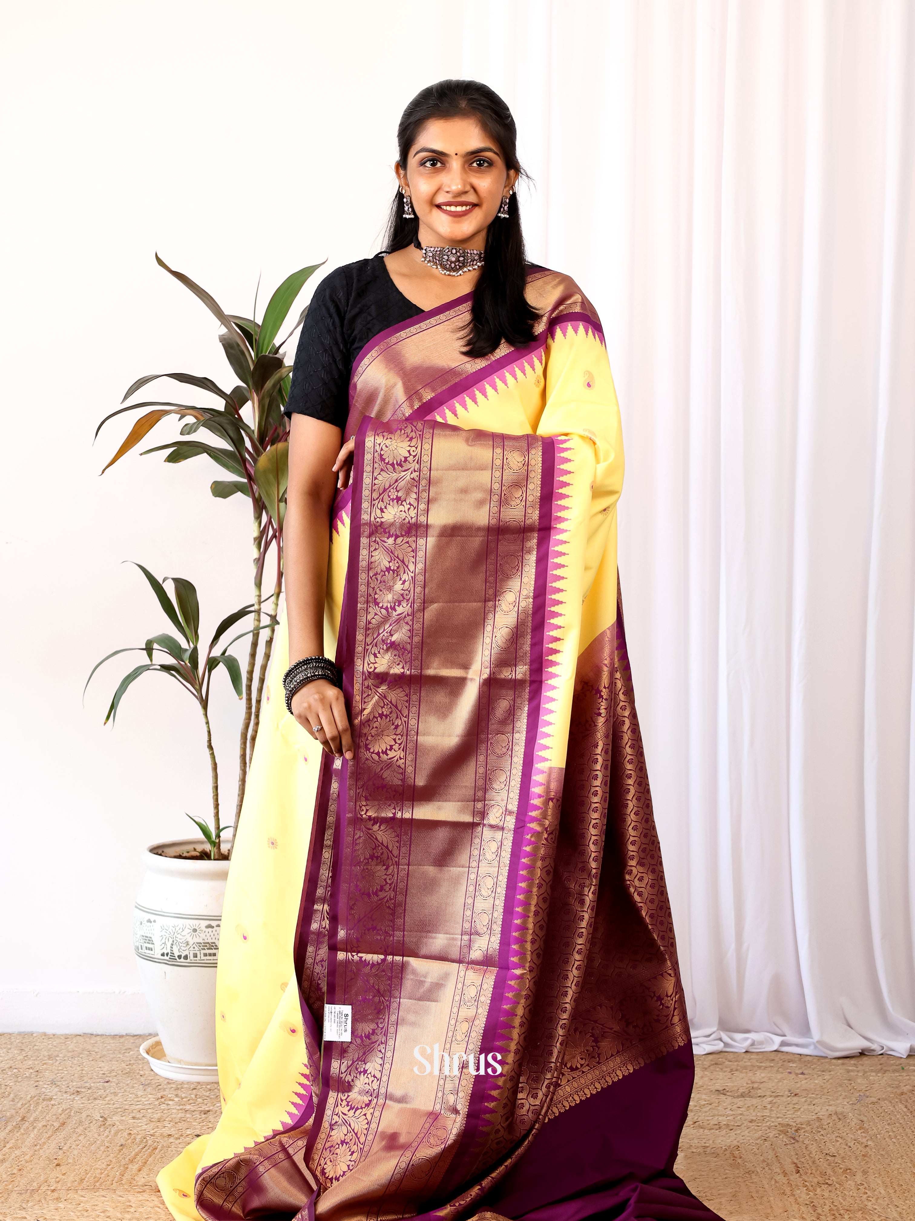 Lime Yellow & Purple- Gadwal halfpure Saree - Shop on Shrus.com
