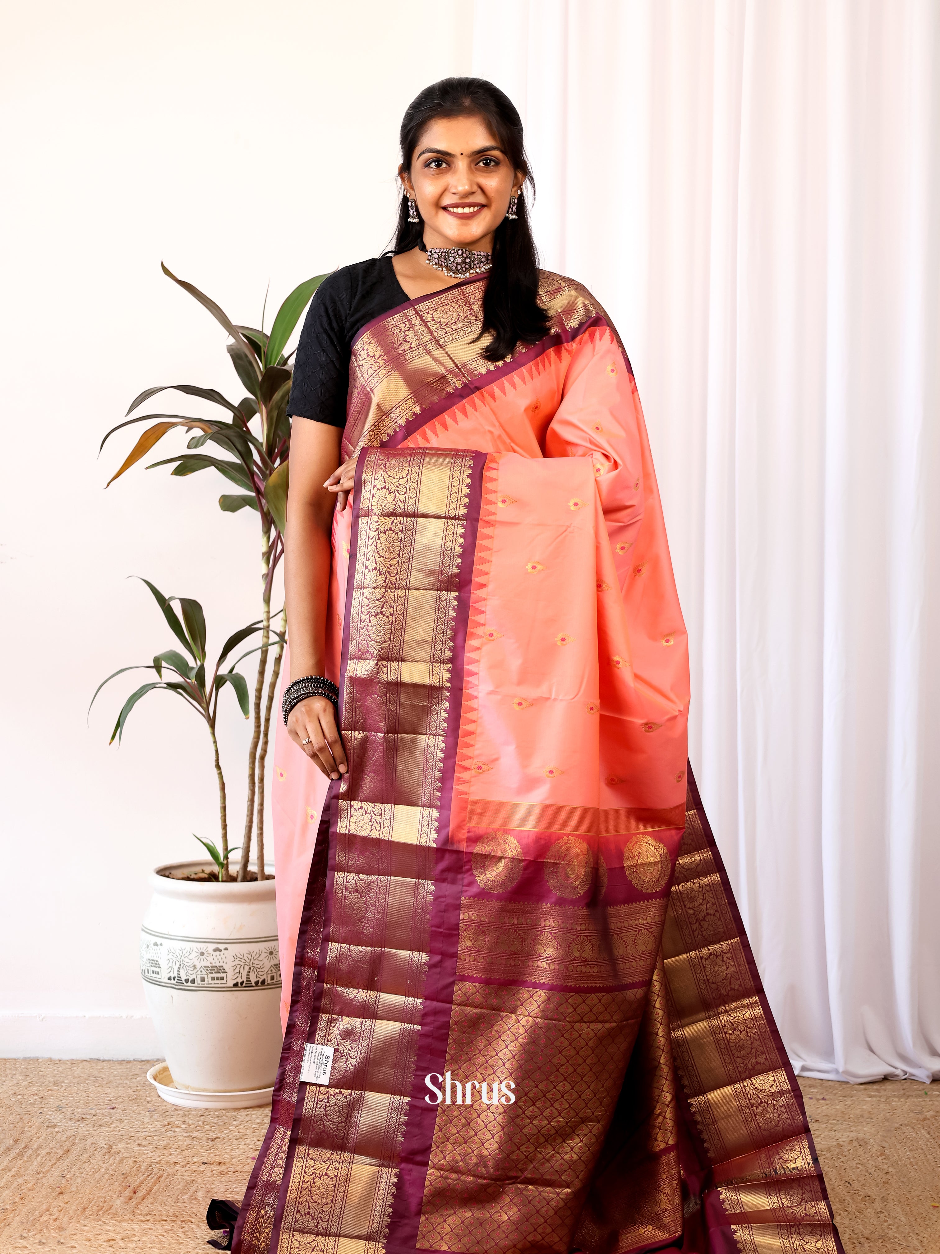 Peach & Purple - Gadwal halfpure Saree - Shop on Shrus.com