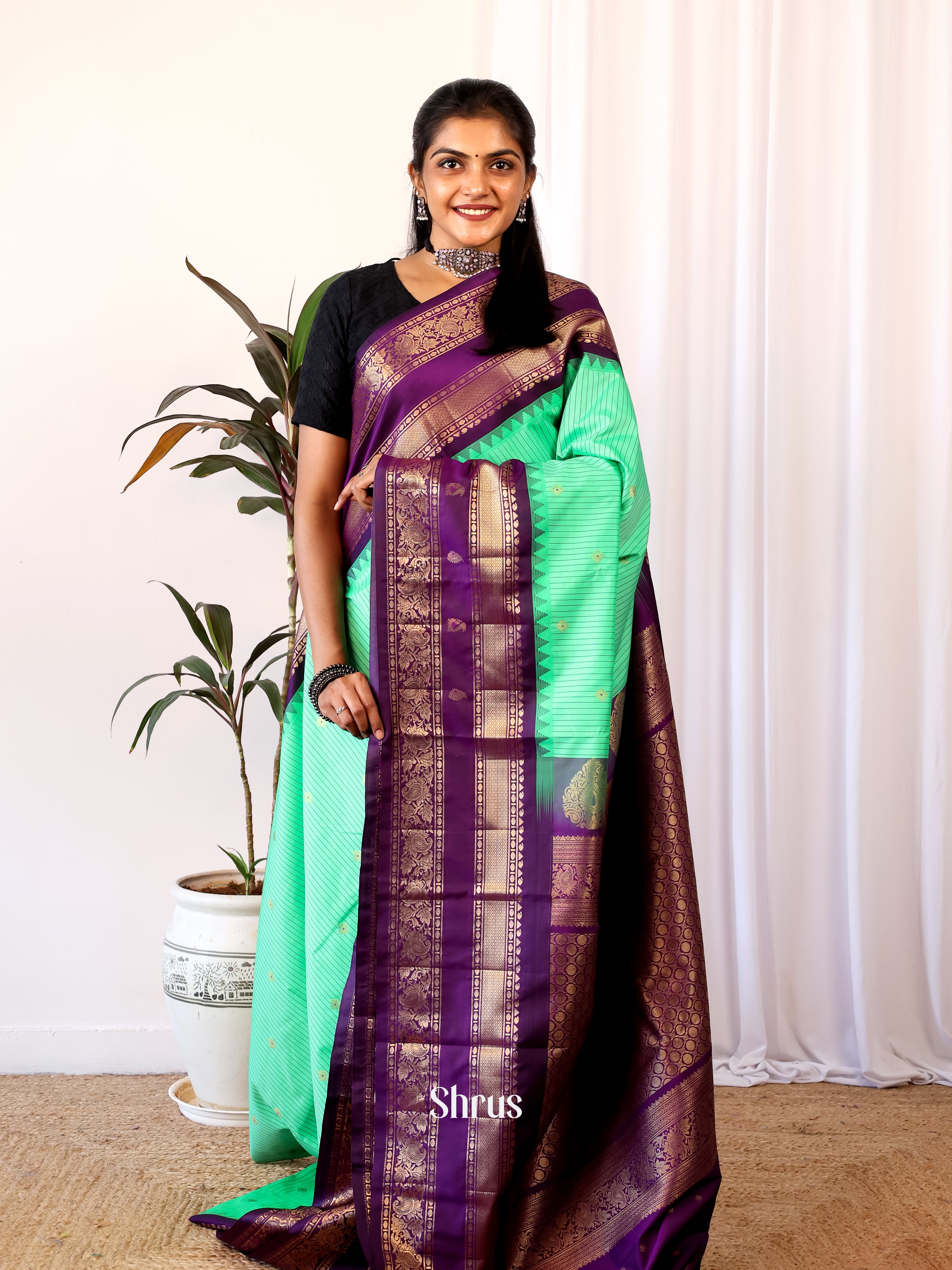 Green & Purple- Gadwal halfpure Saree - Shop on Shrus.com