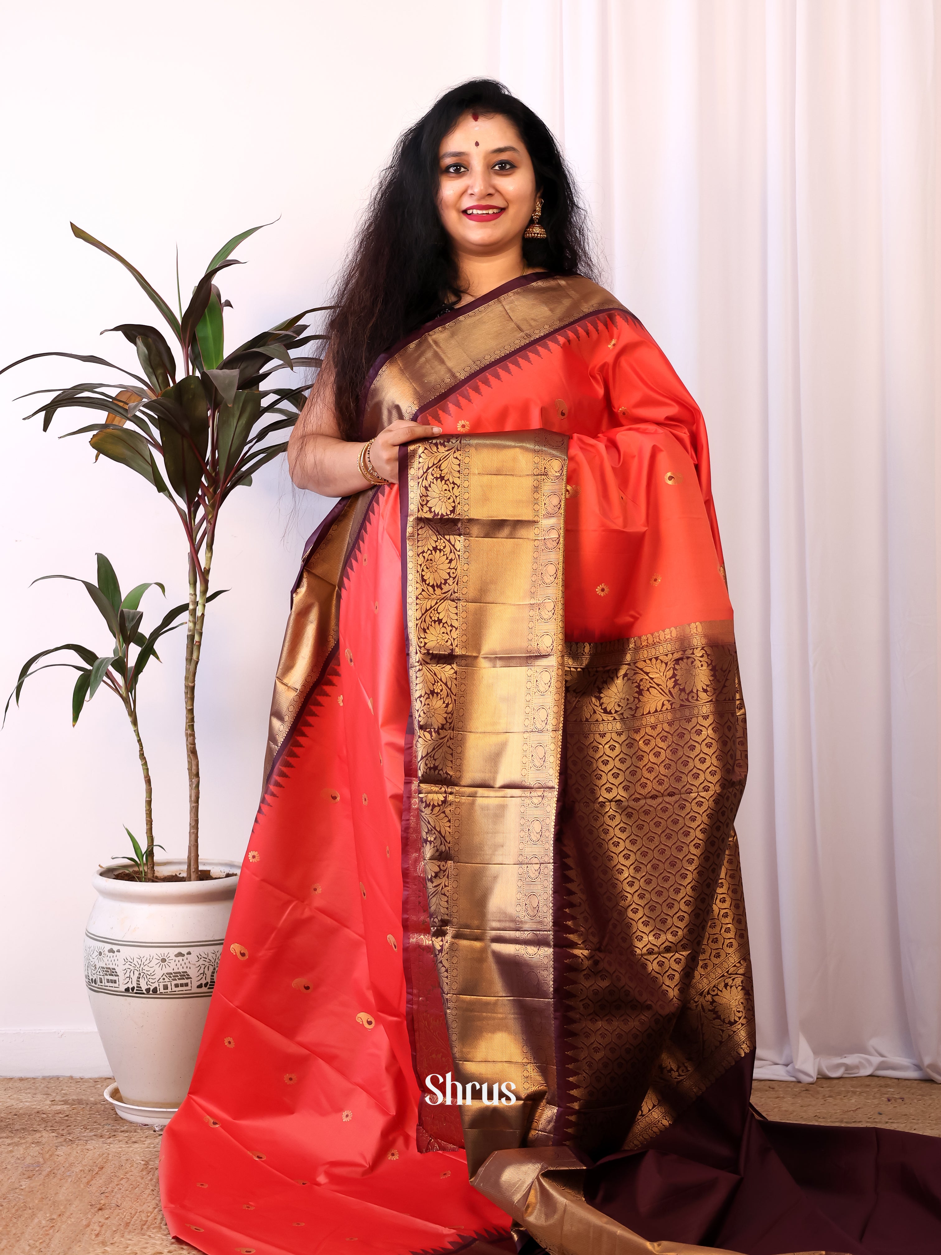 Orange & Brown- Gadwal halfpure Saree - Shop on Shrus.com