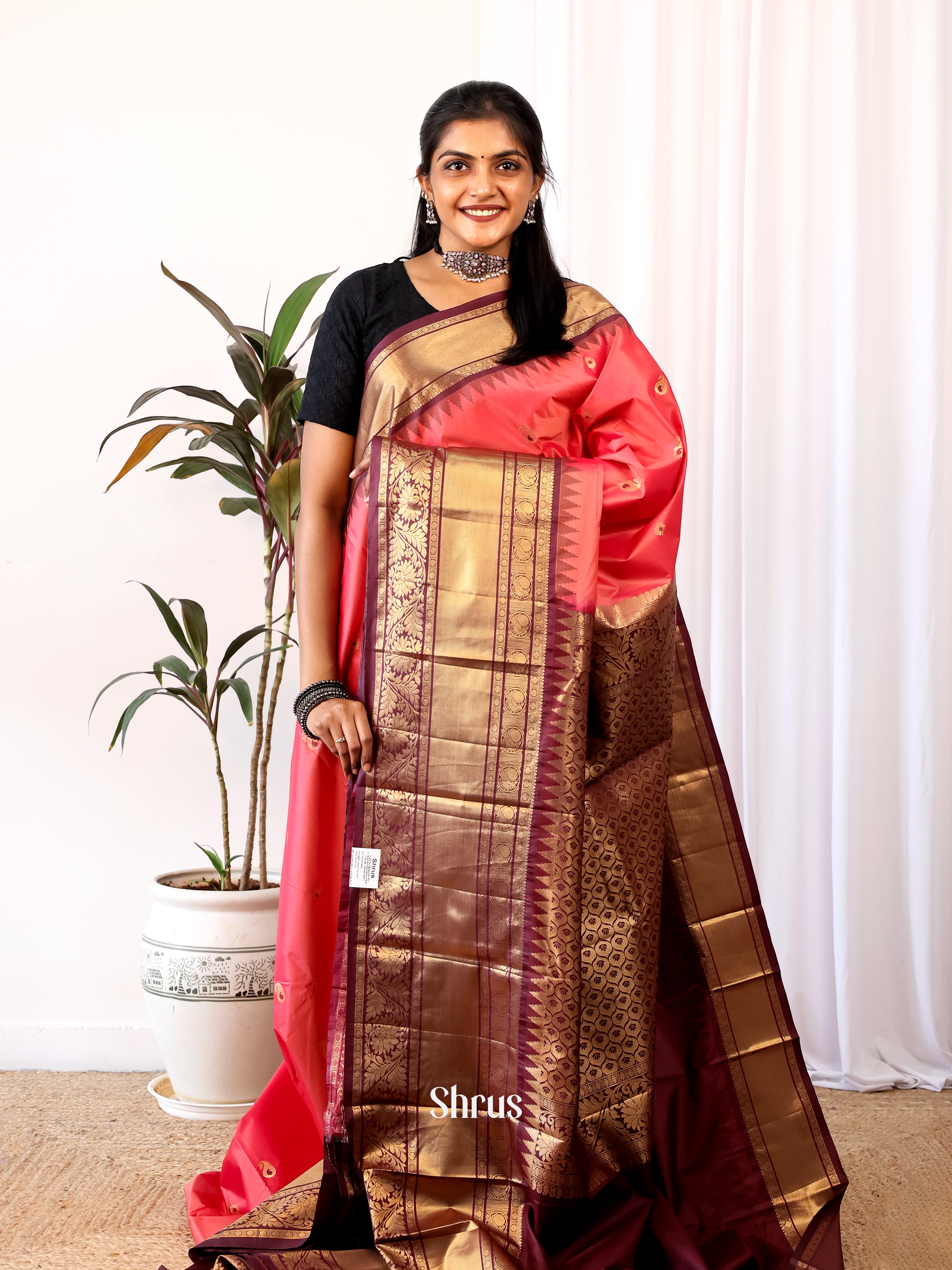Deep Pink & Brown - Gadwal halfpure Saree - Shop on Shrus.com