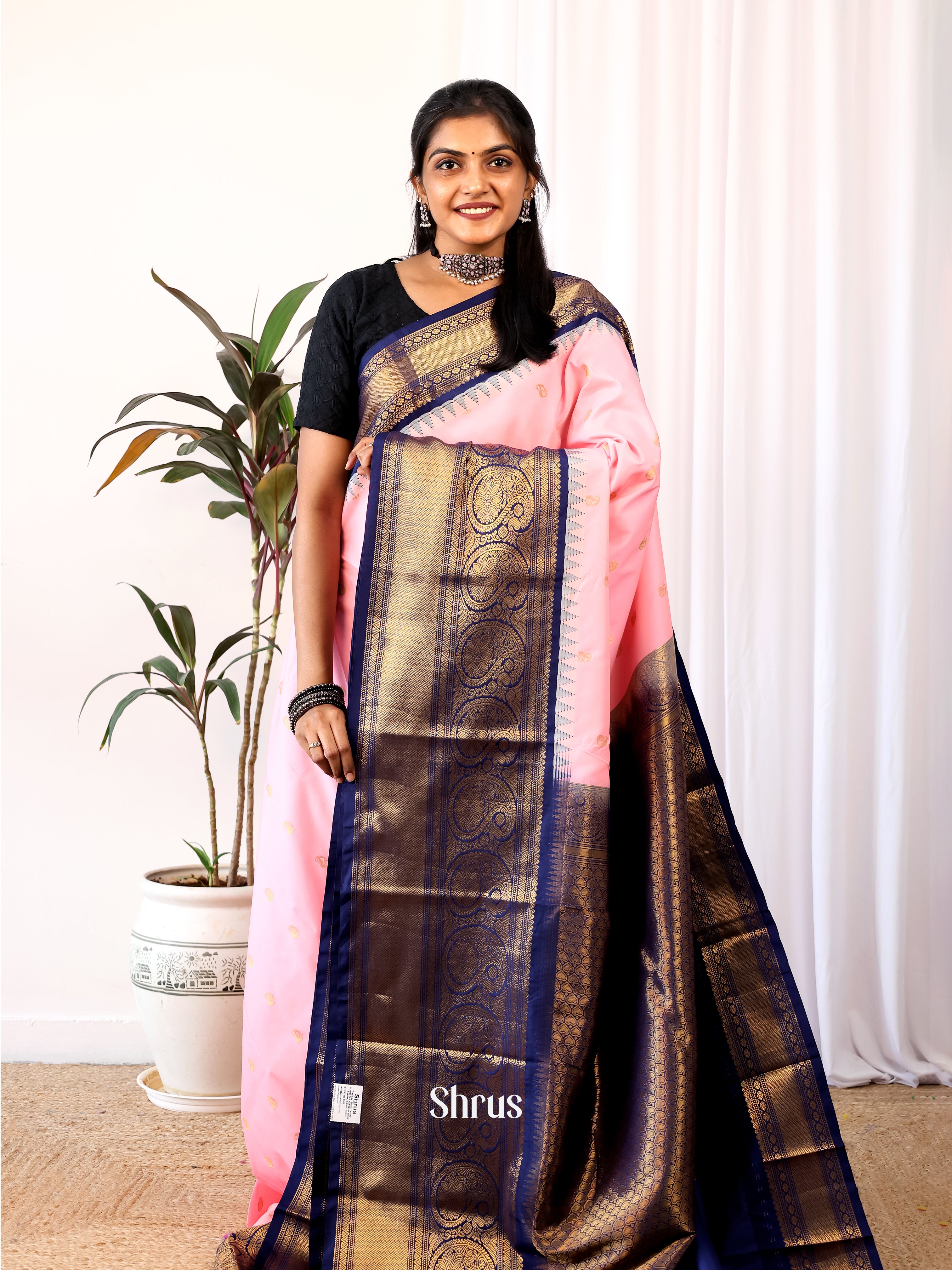 Baby Pink & Blue - Gadwal halfpure Saree - Shop on Shrus.com