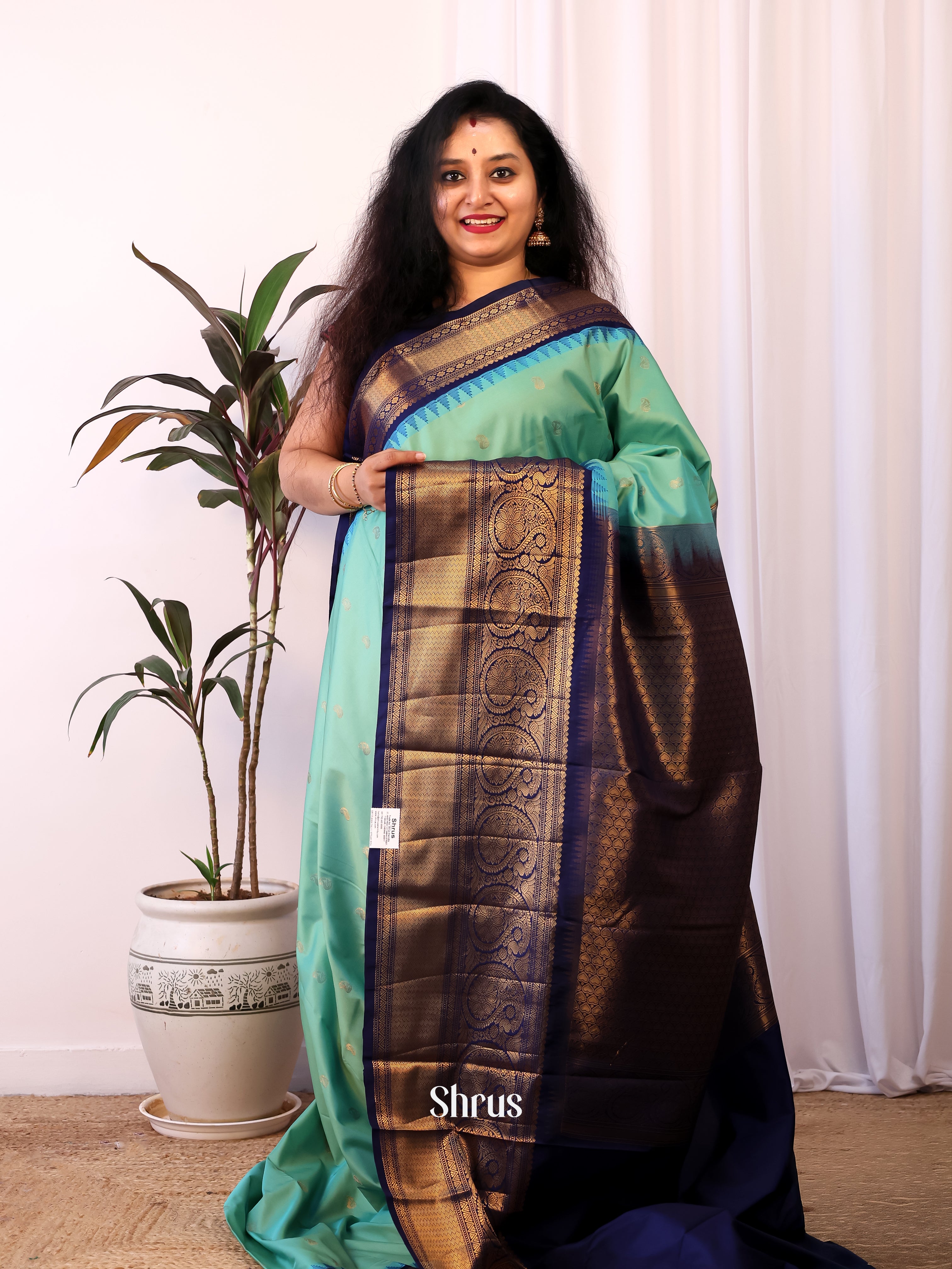 Green & Blue - Gadwal halfpure Saree - Shop on Shrus.com