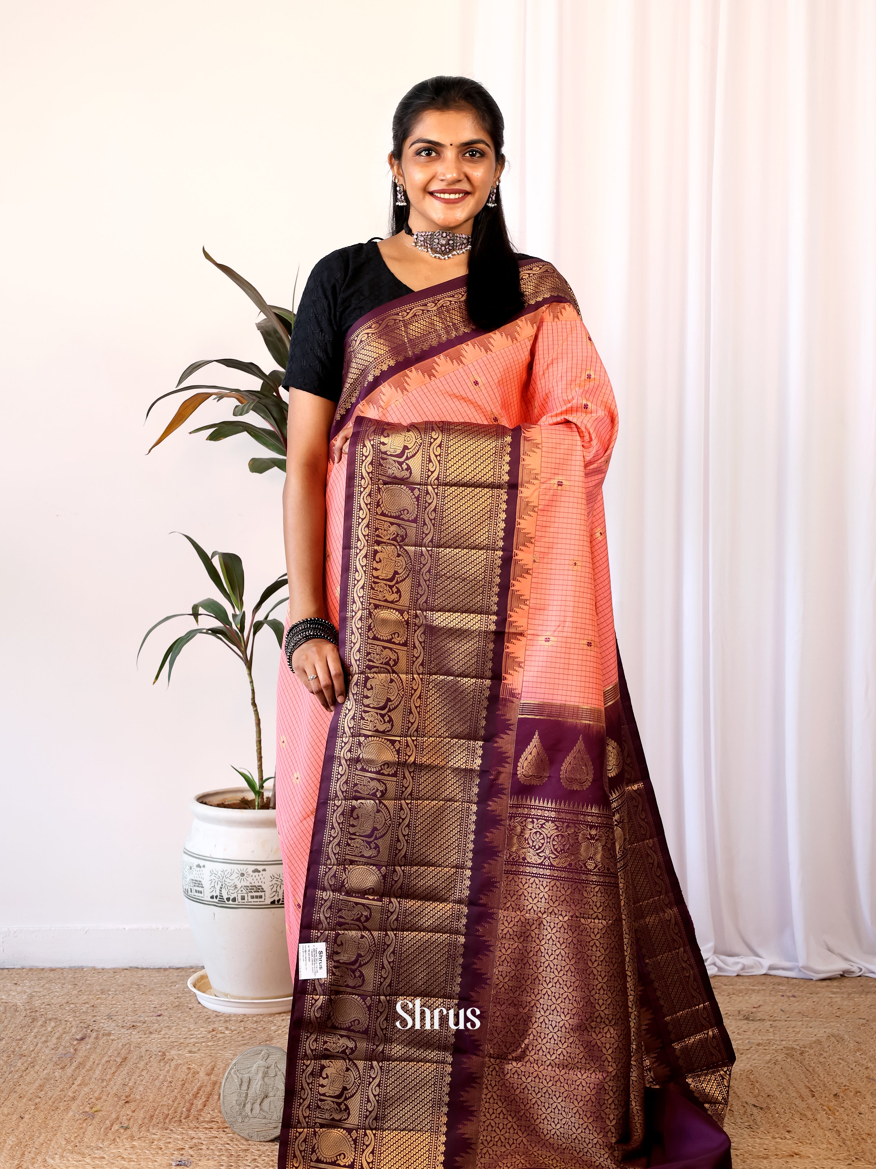 Peach & Purple- Gadwal halfpure Saree - Shop on Shrus.com