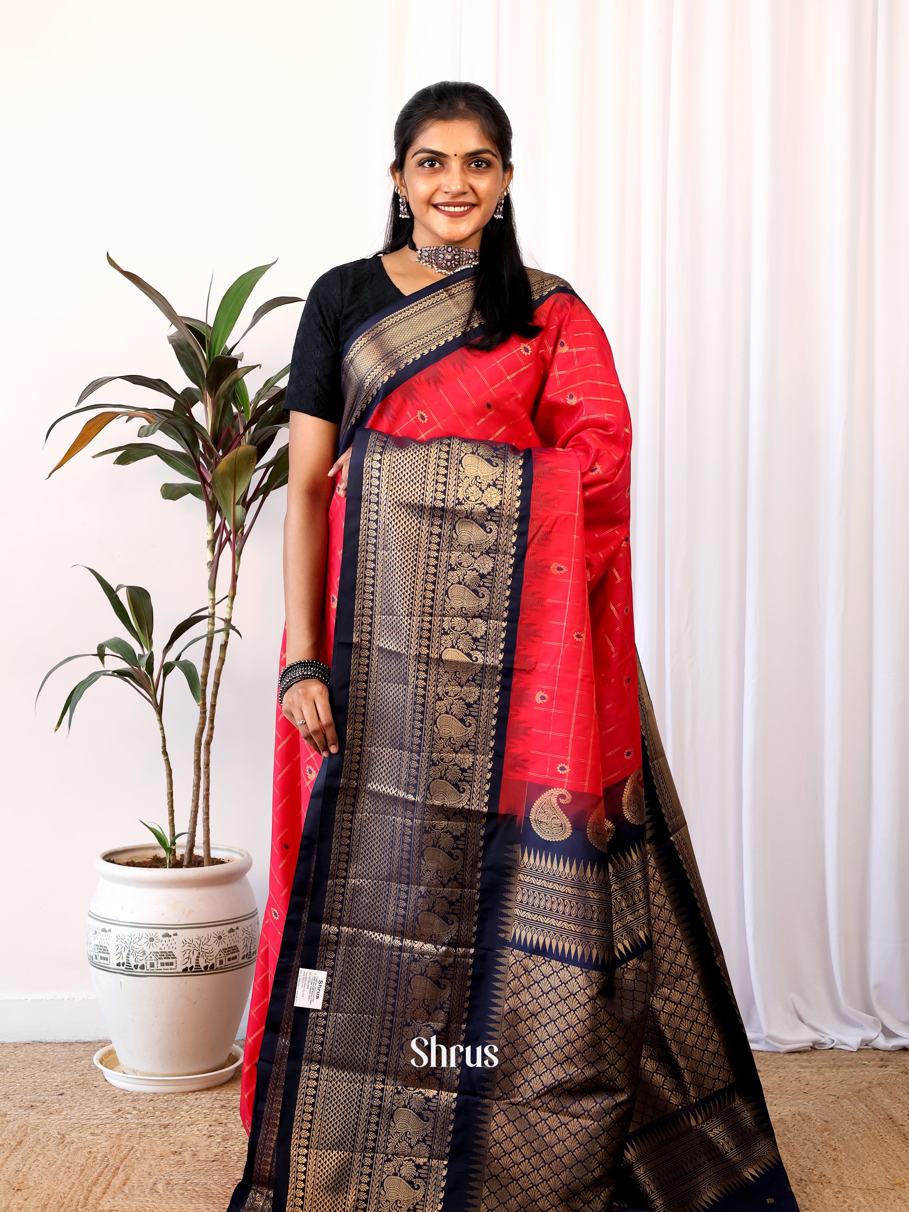 Red & Blue - Gadwal halfpure Saree - Shop on Shrus.com