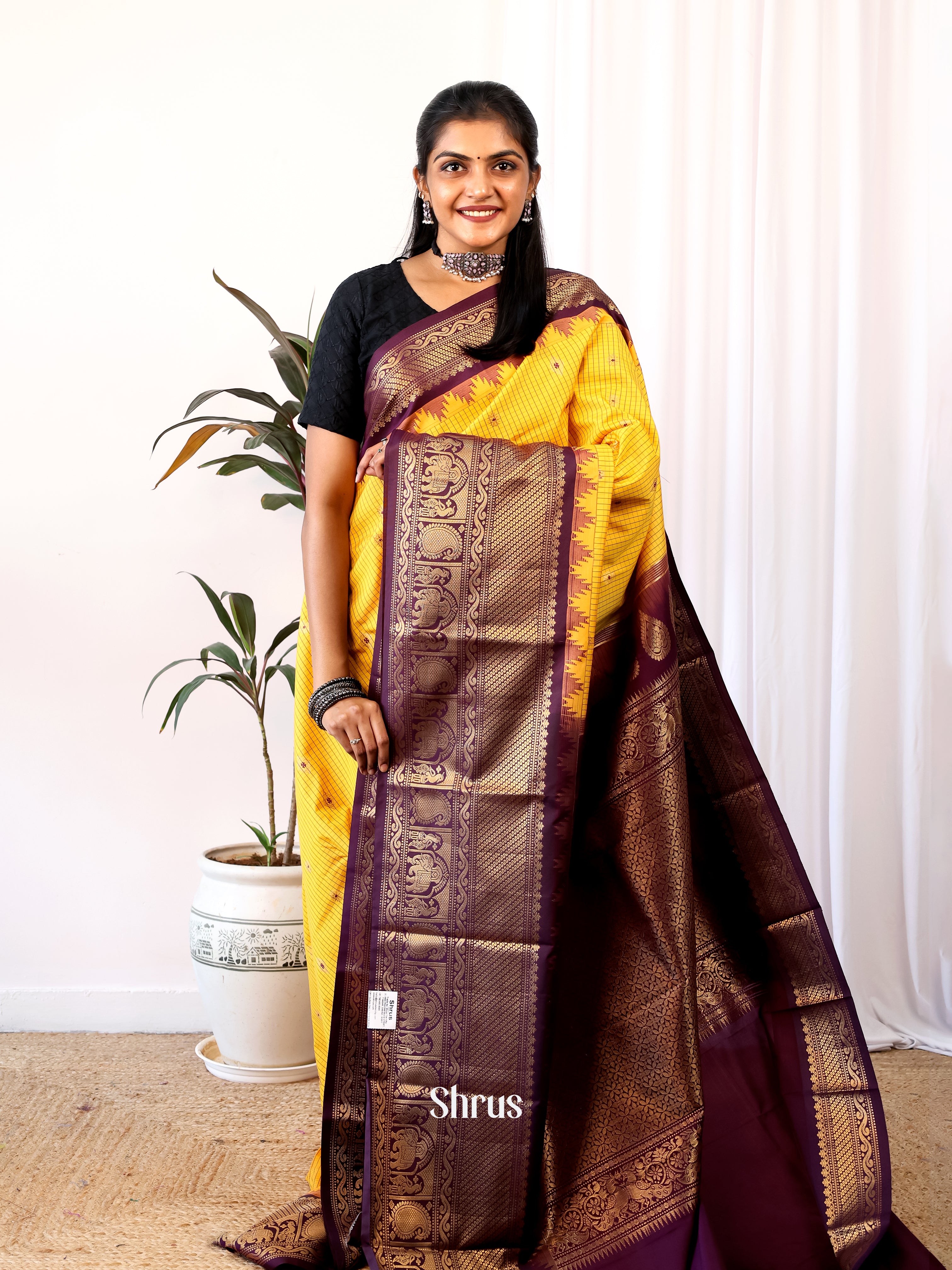 Yellow & Purple - Gadwal halfpure Saree - Shop on Shrus.com