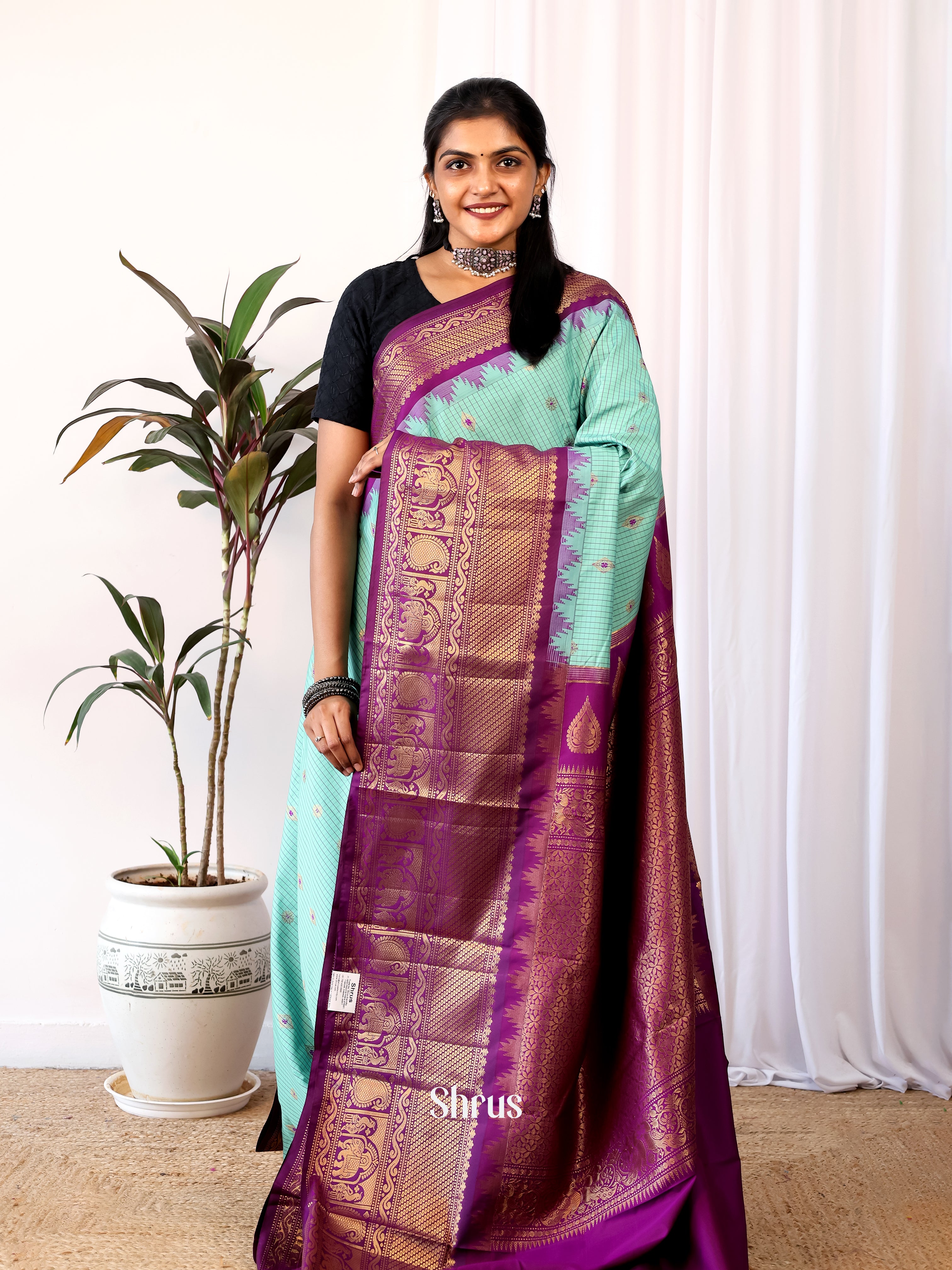 Teal & Purple - Gadwal halfpure Saree - Shop on Shrus.com