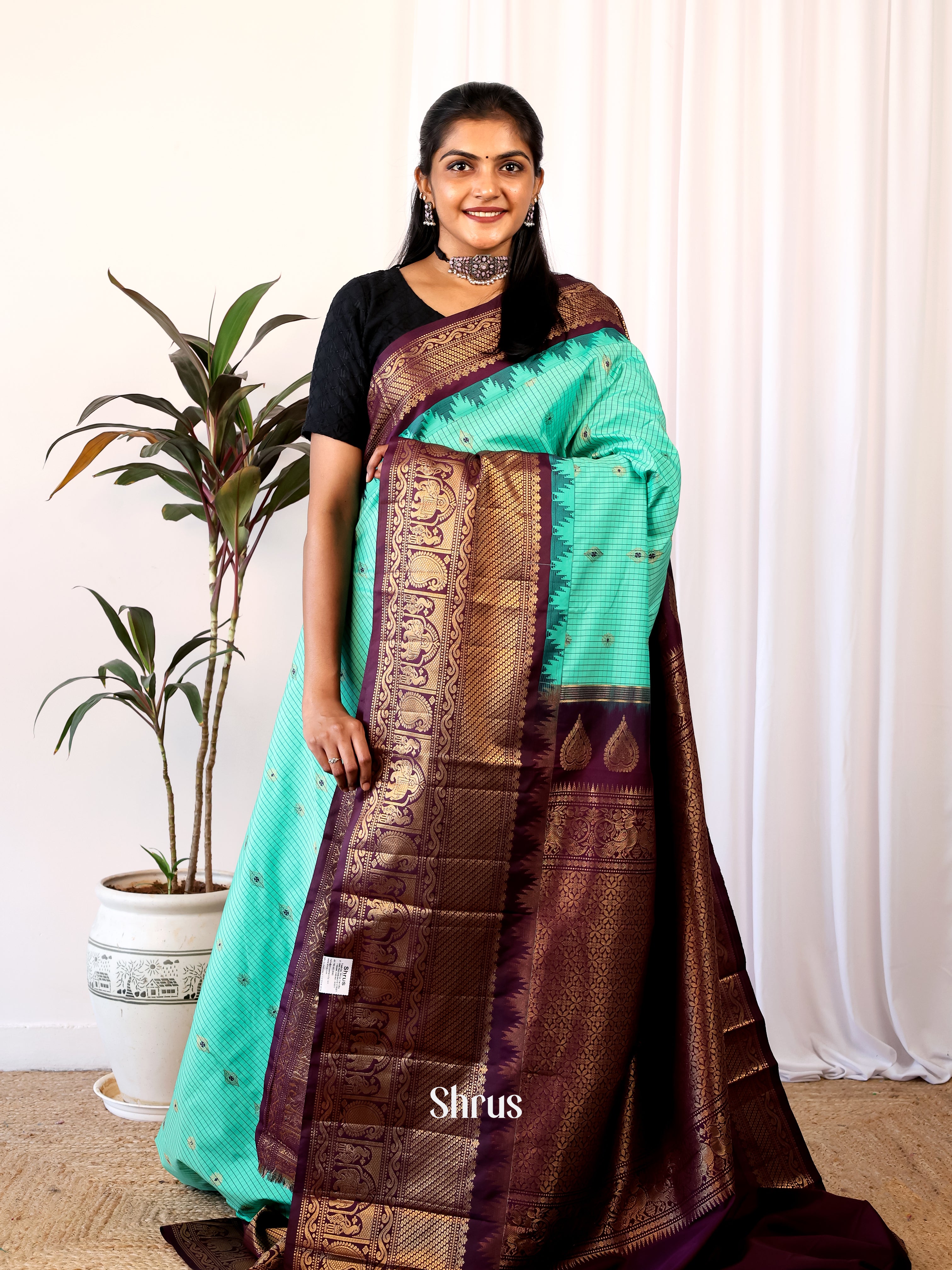 Teal & Wine - Gadwal halfpure Saree - Shop on Shrus.com
