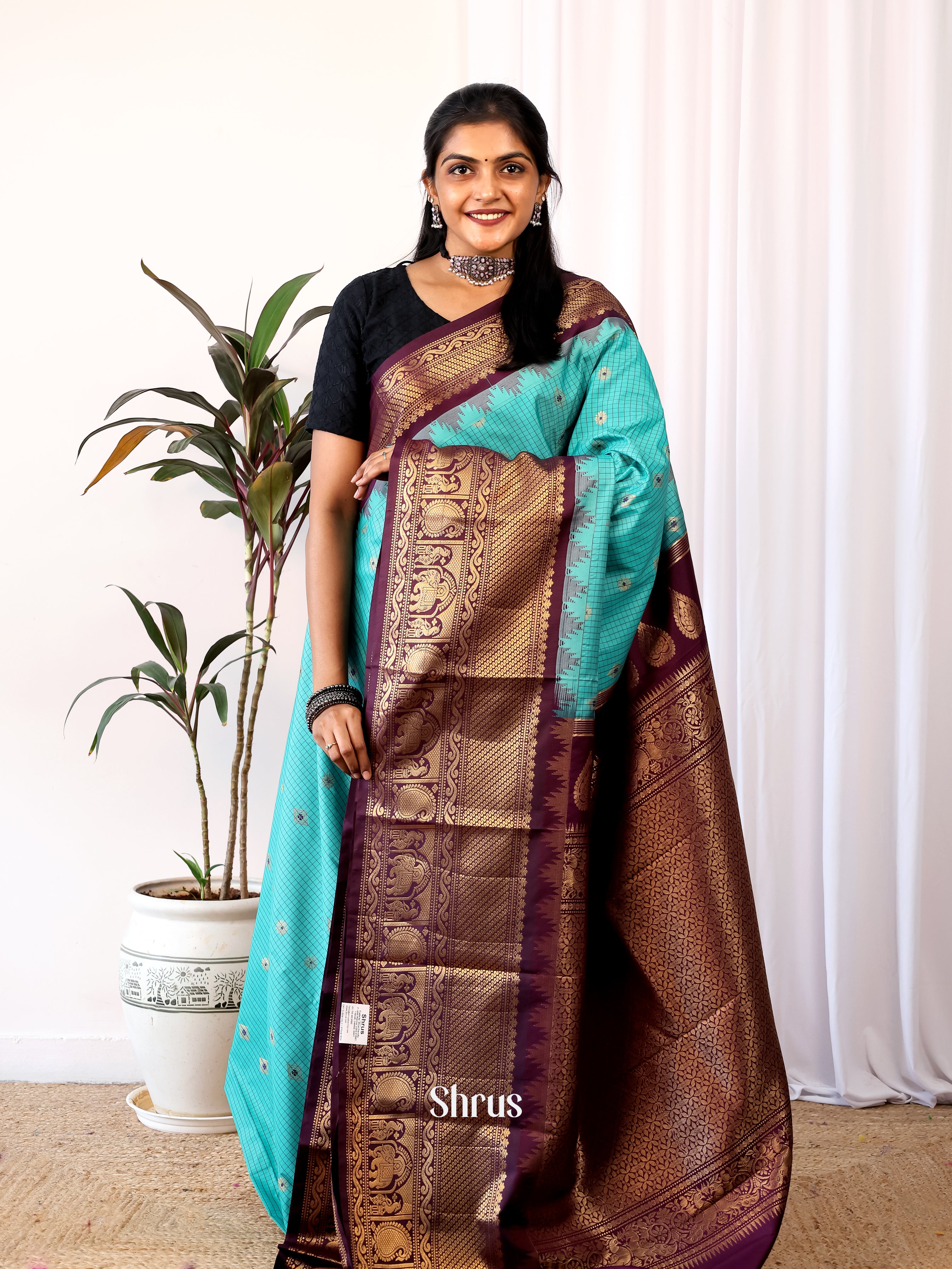 Teal & Wine - Gadwal halfpure Saree - Shop on Shrus.com