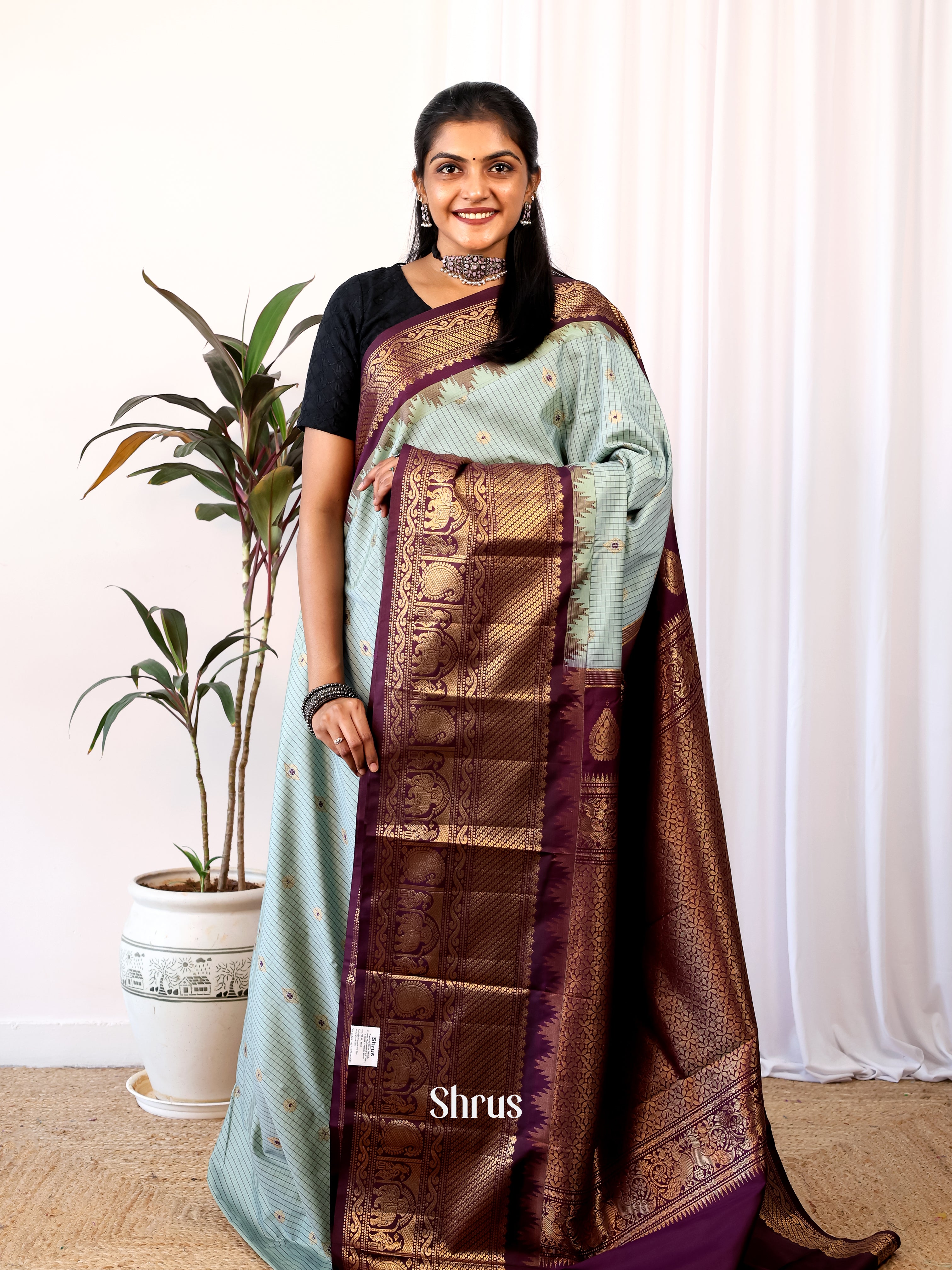 Grey & Wine- Gadwal halfpure Saree - Shop on Shrus.com