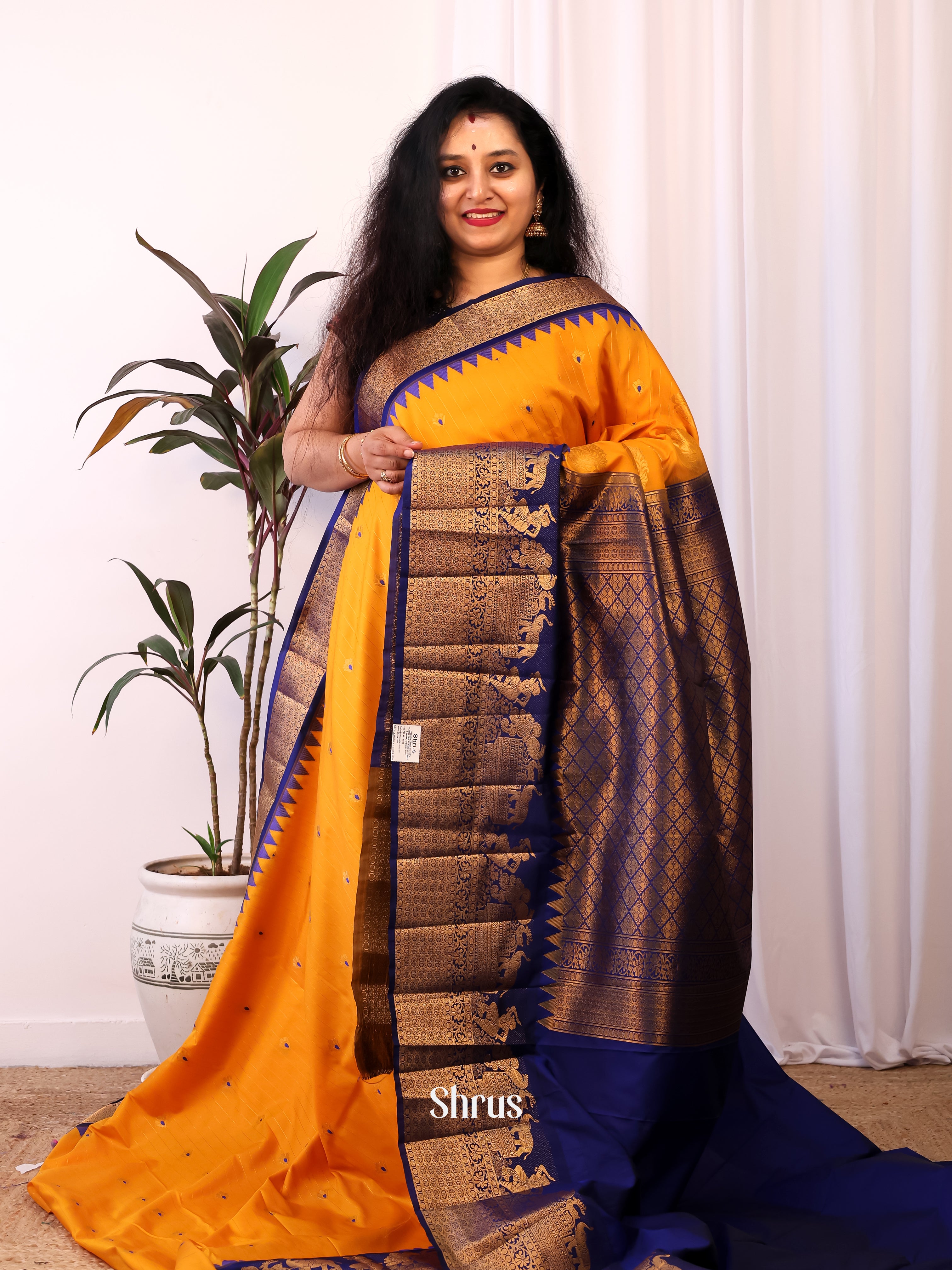 Yellow & Blue - Gadwal halfpure Saree - Shop on Shrus.com