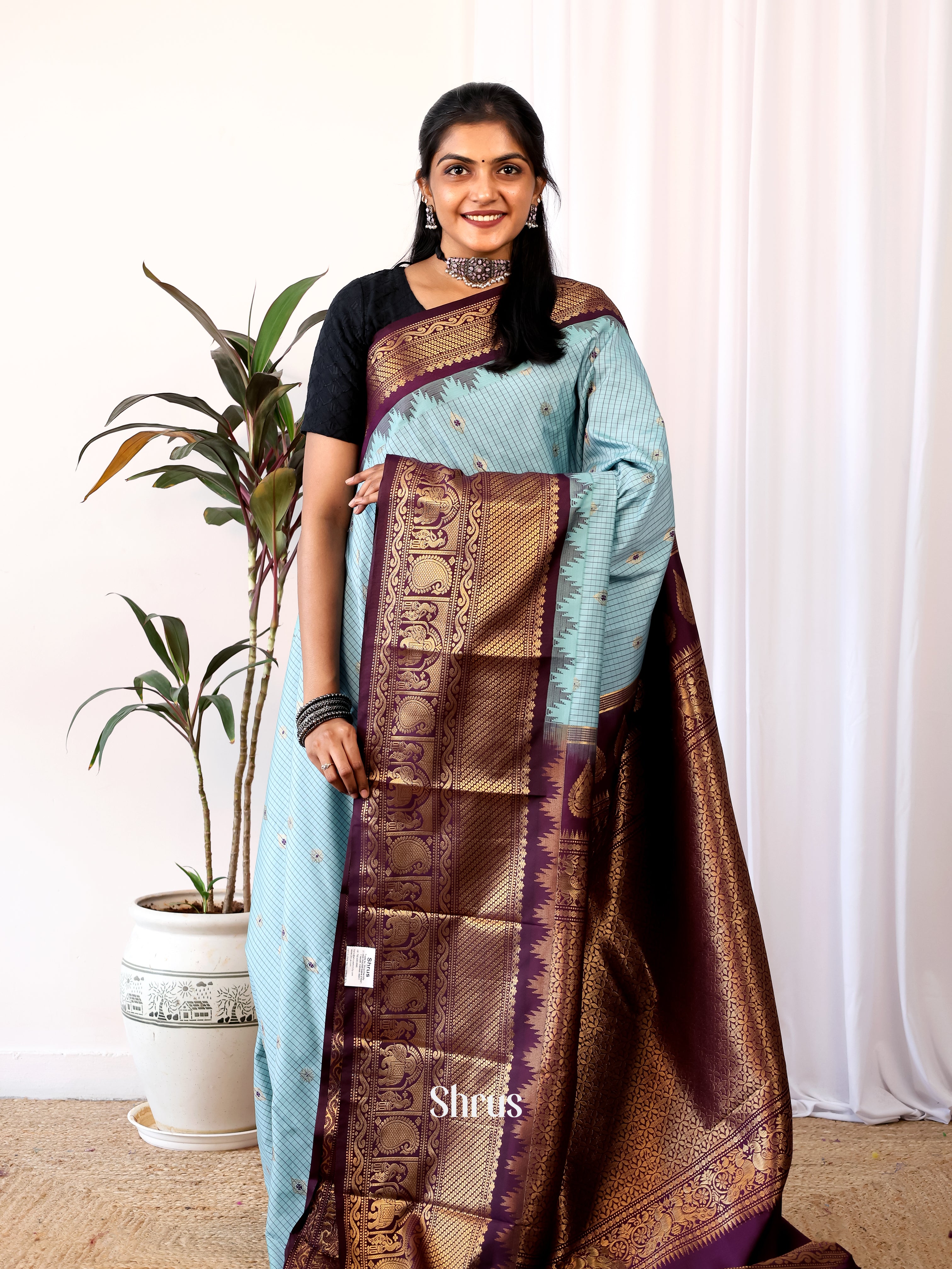 Blue & Wine - Gadwal halfpure Saree - Shop on Shrus.com