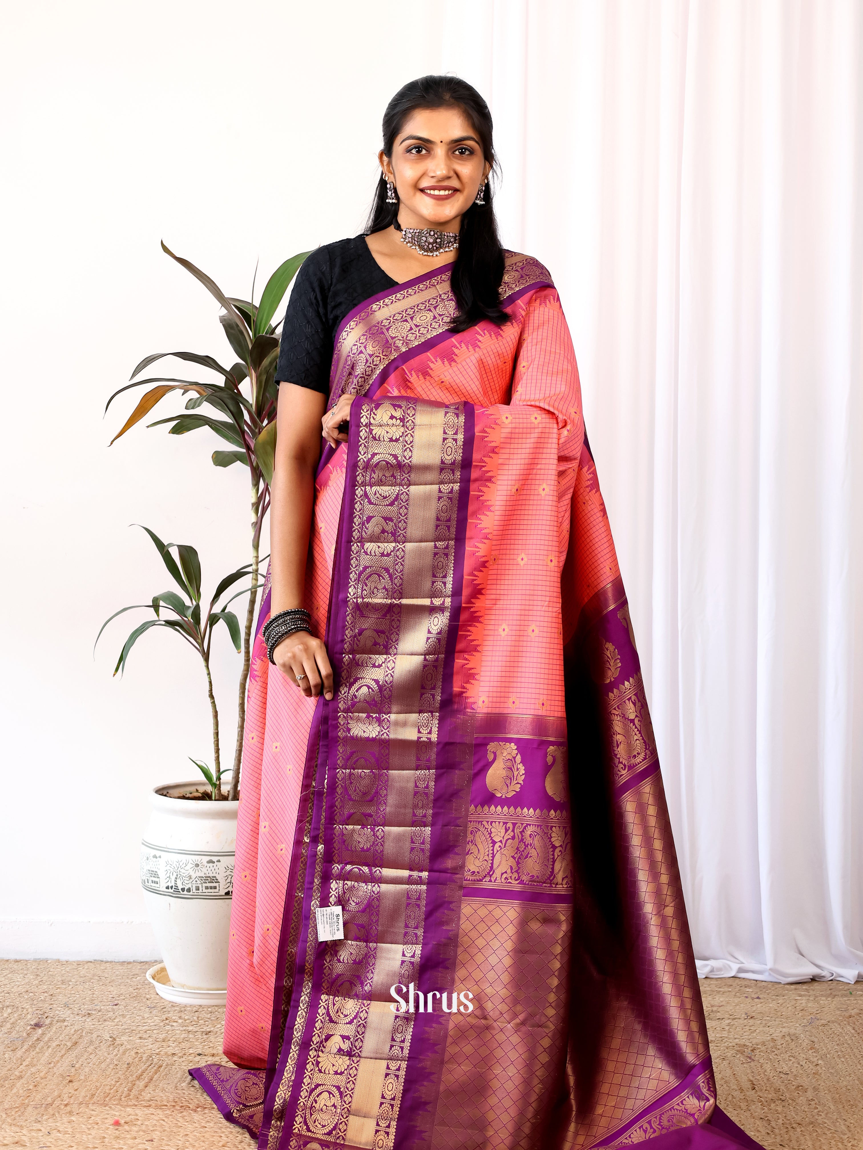Paechish Pink & Purple - Gadwal halfpure Saree - Shop on Shrus.com