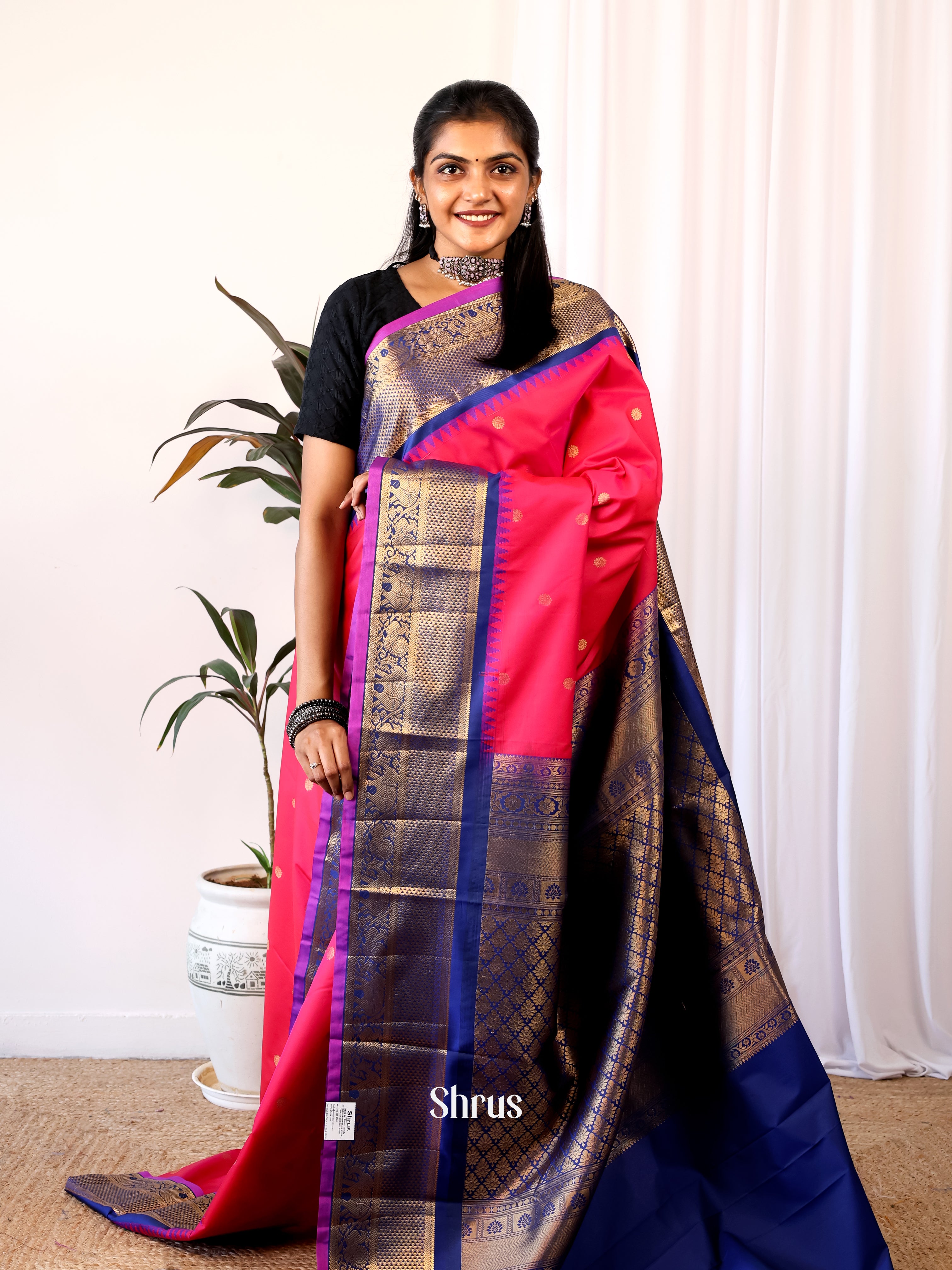 Pink & Blue - Gadwal halfpure Saree - Shop on Shrus.com