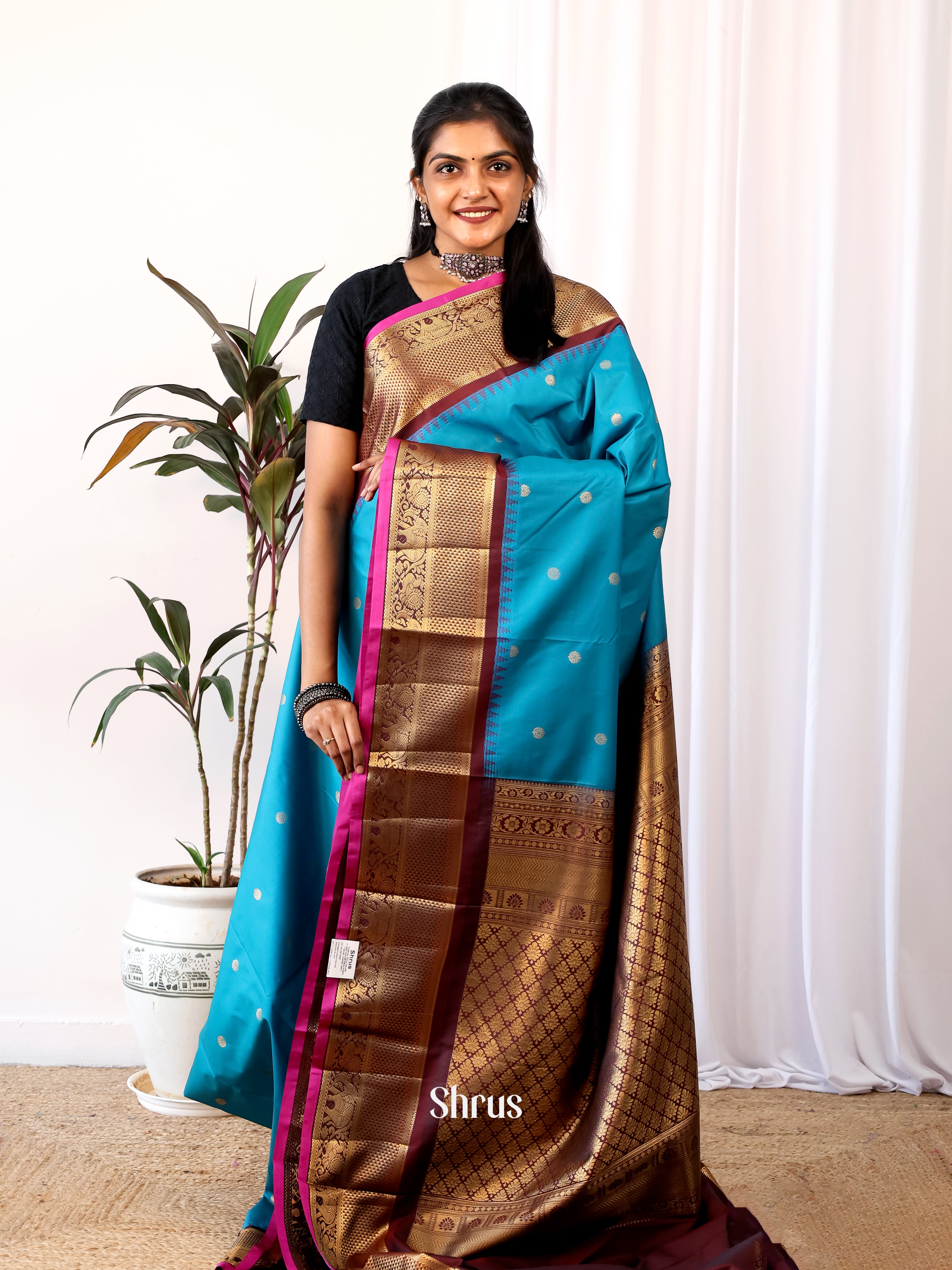Blue & Brown - Gadwal halfpure Saree - Shop on Shrus.com