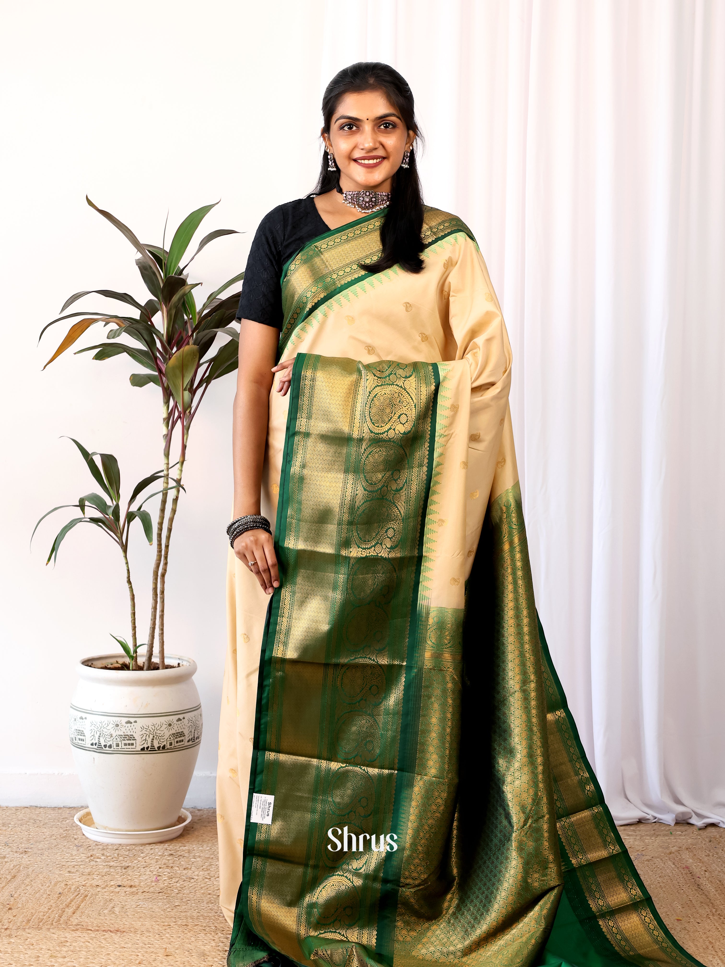 Cream & Green- Gadwal halfpure Saree - Shop on Shrus.com