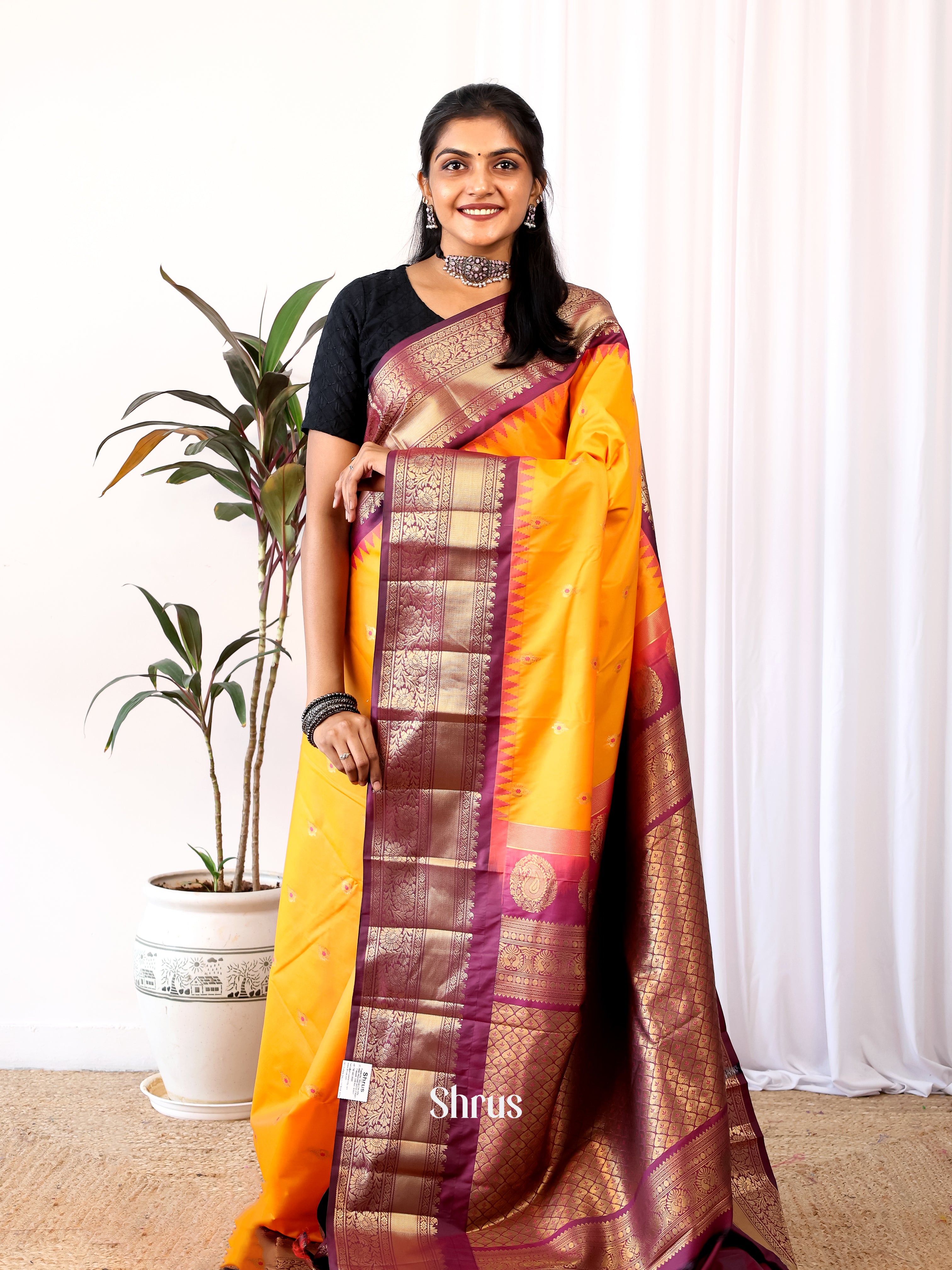 Yellow & Wine - Gadwal halfpure Saree - Shop on Shrus.com