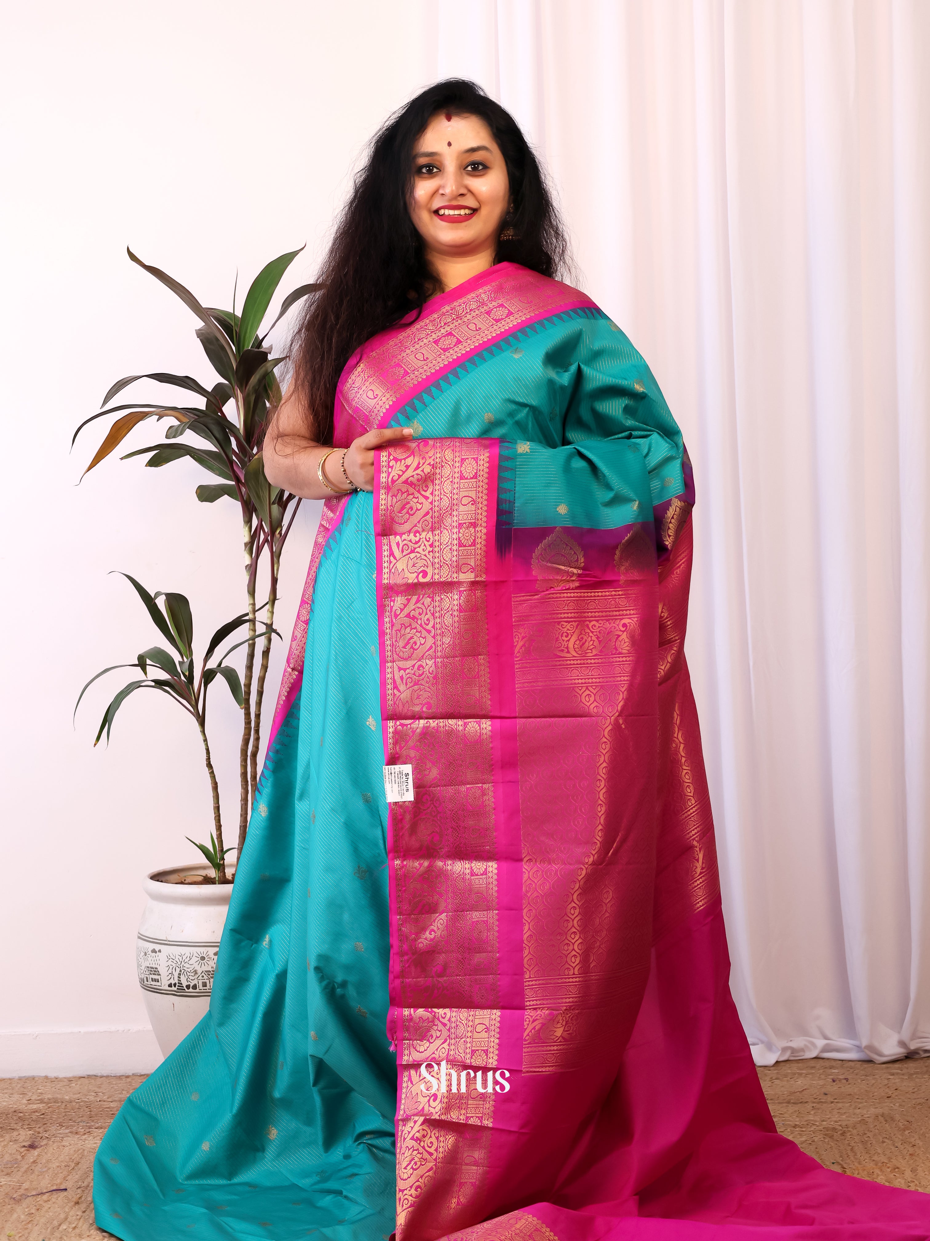 Blue & Pink - Gadwal halfpure Saree - Shop on Shrus.com