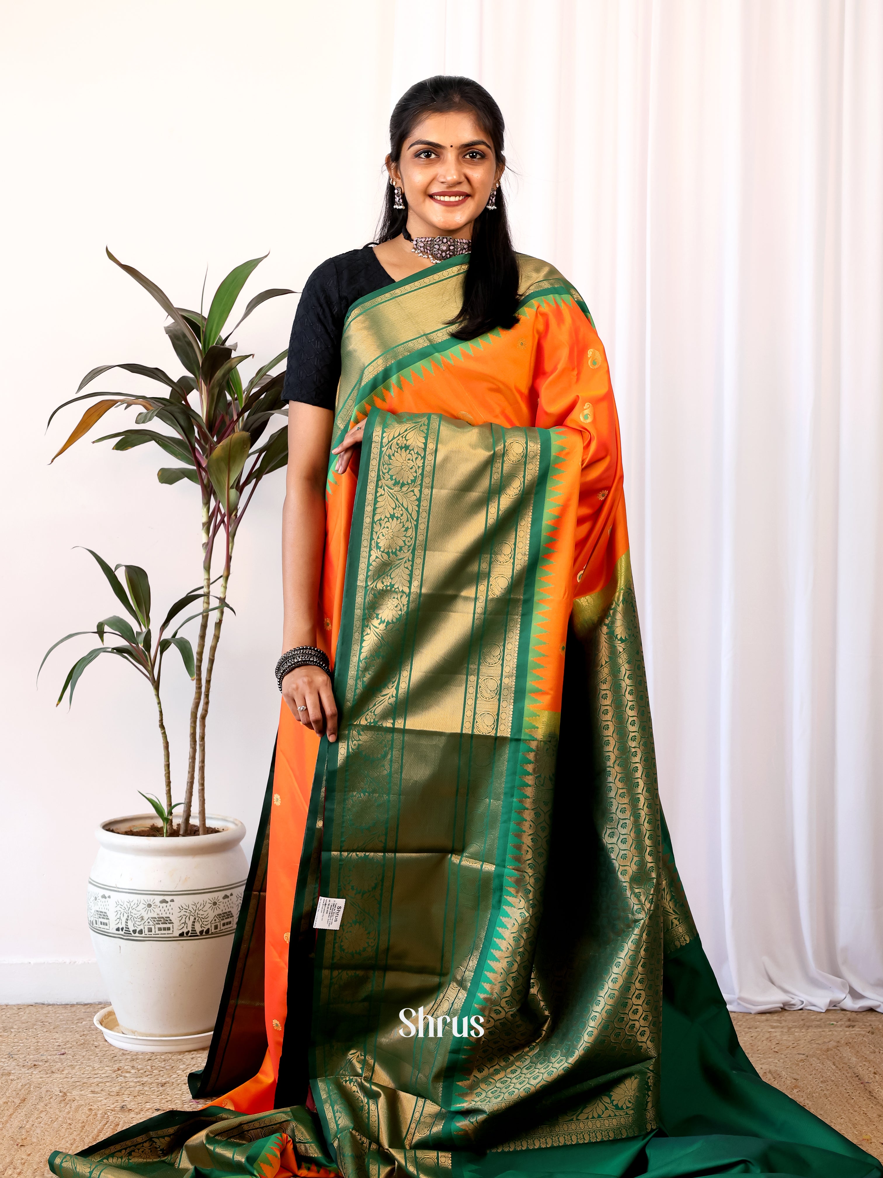 Orange & Green - Gadwal halfpure Saree - Shop on Shrus.com
