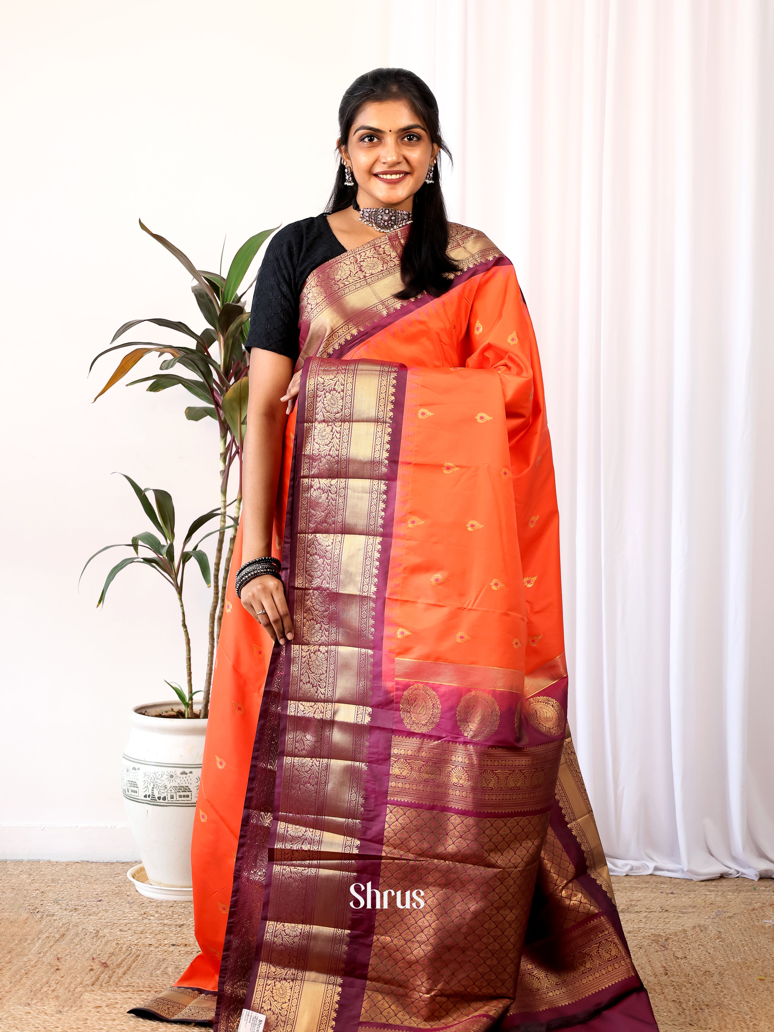 Orange & Purple- Gadwal halfpure Saree - Shop on Shrus.com