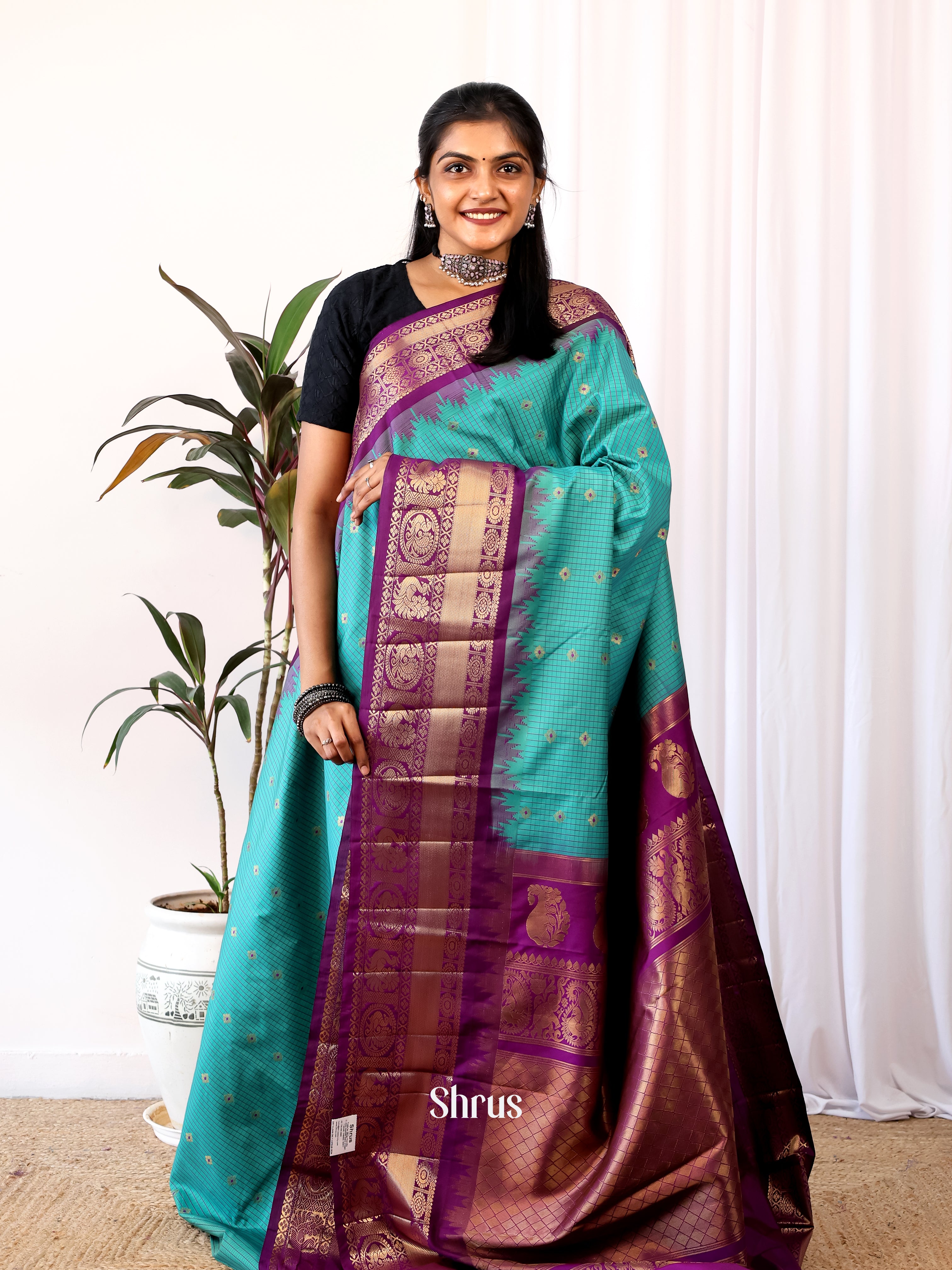 Teal & Purple - Gadwal halfpure Saree - Shop on Shrus.com
