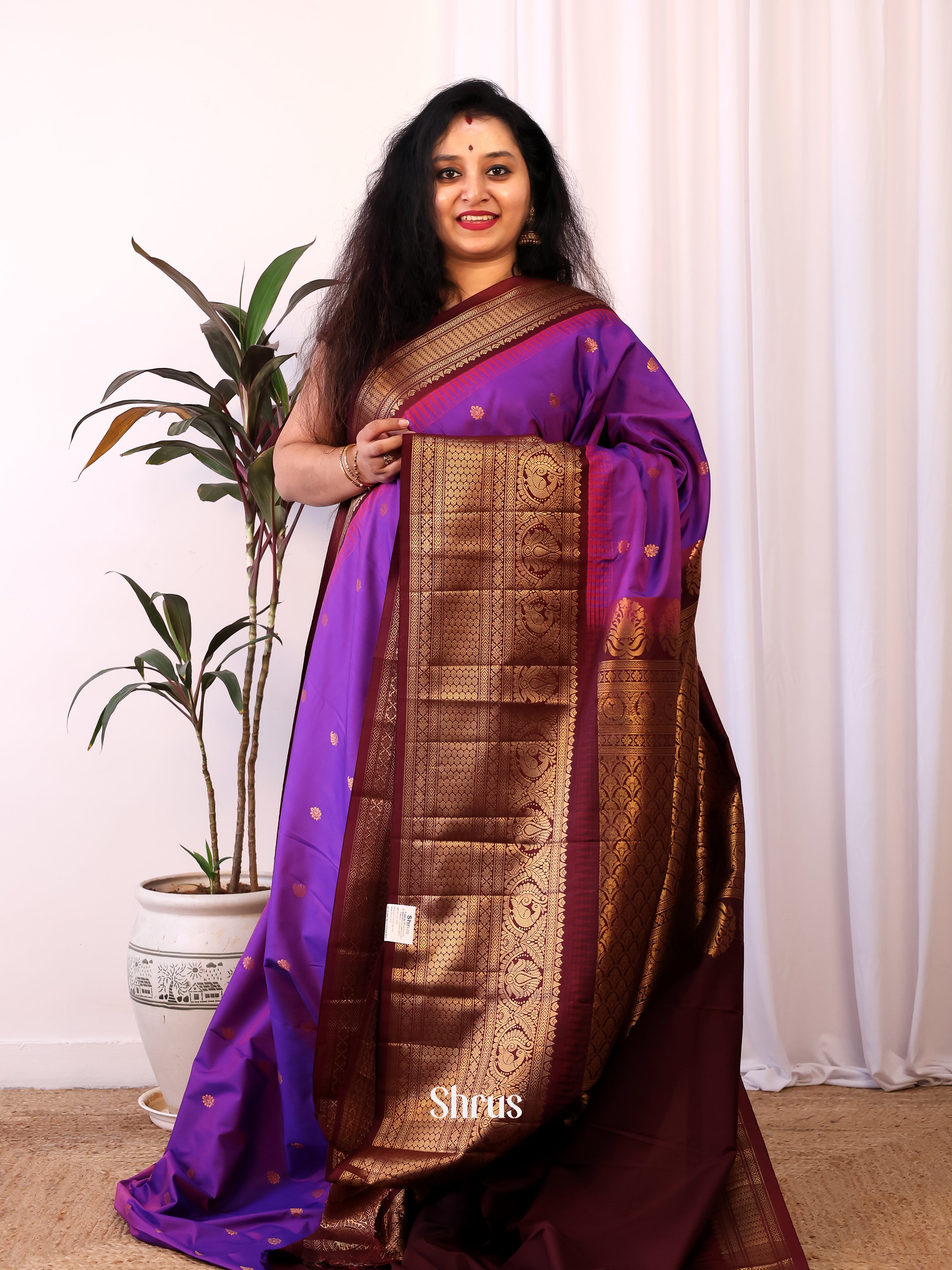 Purple & Brown- Gadwal halfpure Saree - Shop on Shrus.com