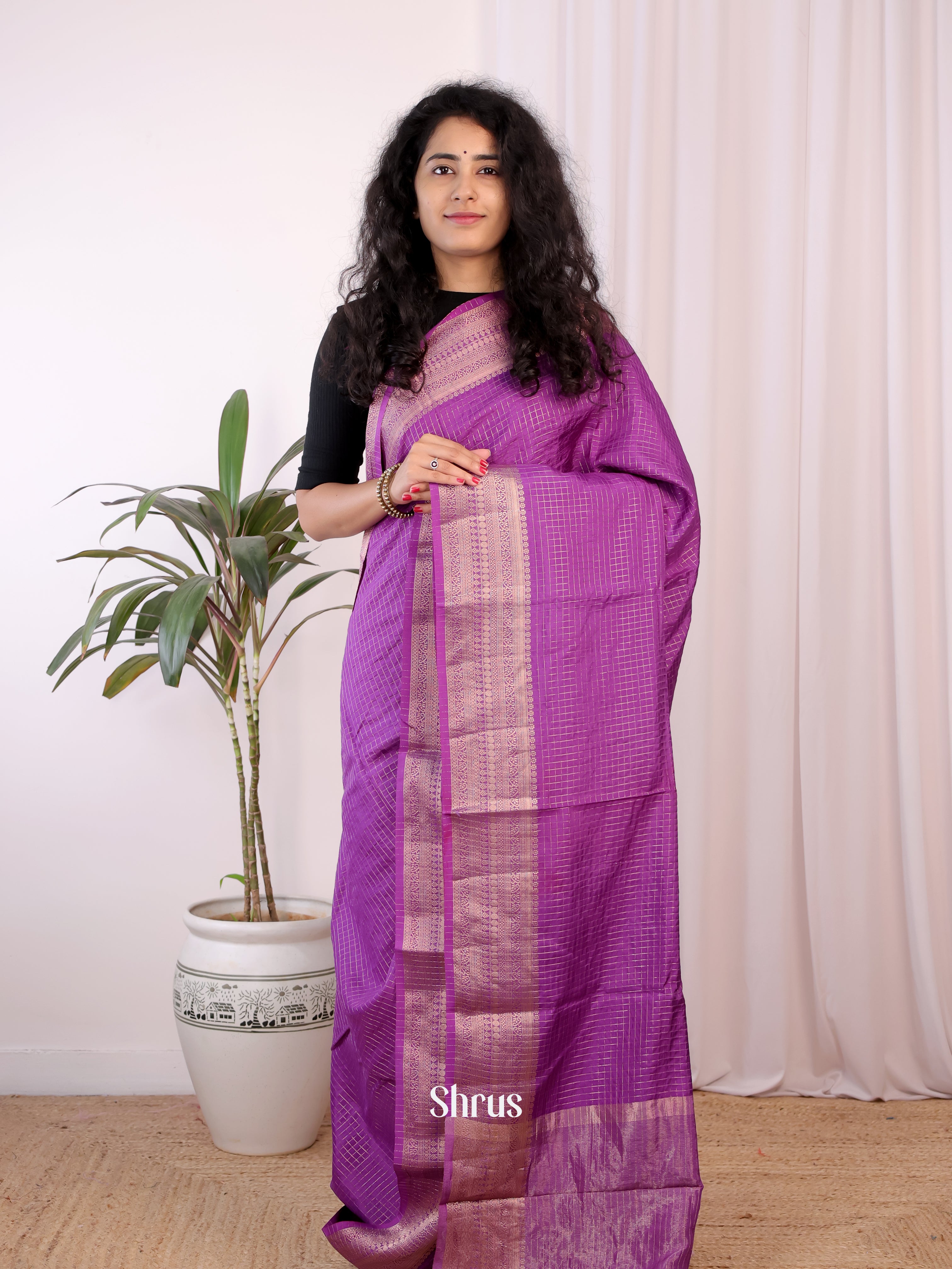 Purple- Semi Chanderi Saree - Shop on Shrus.com