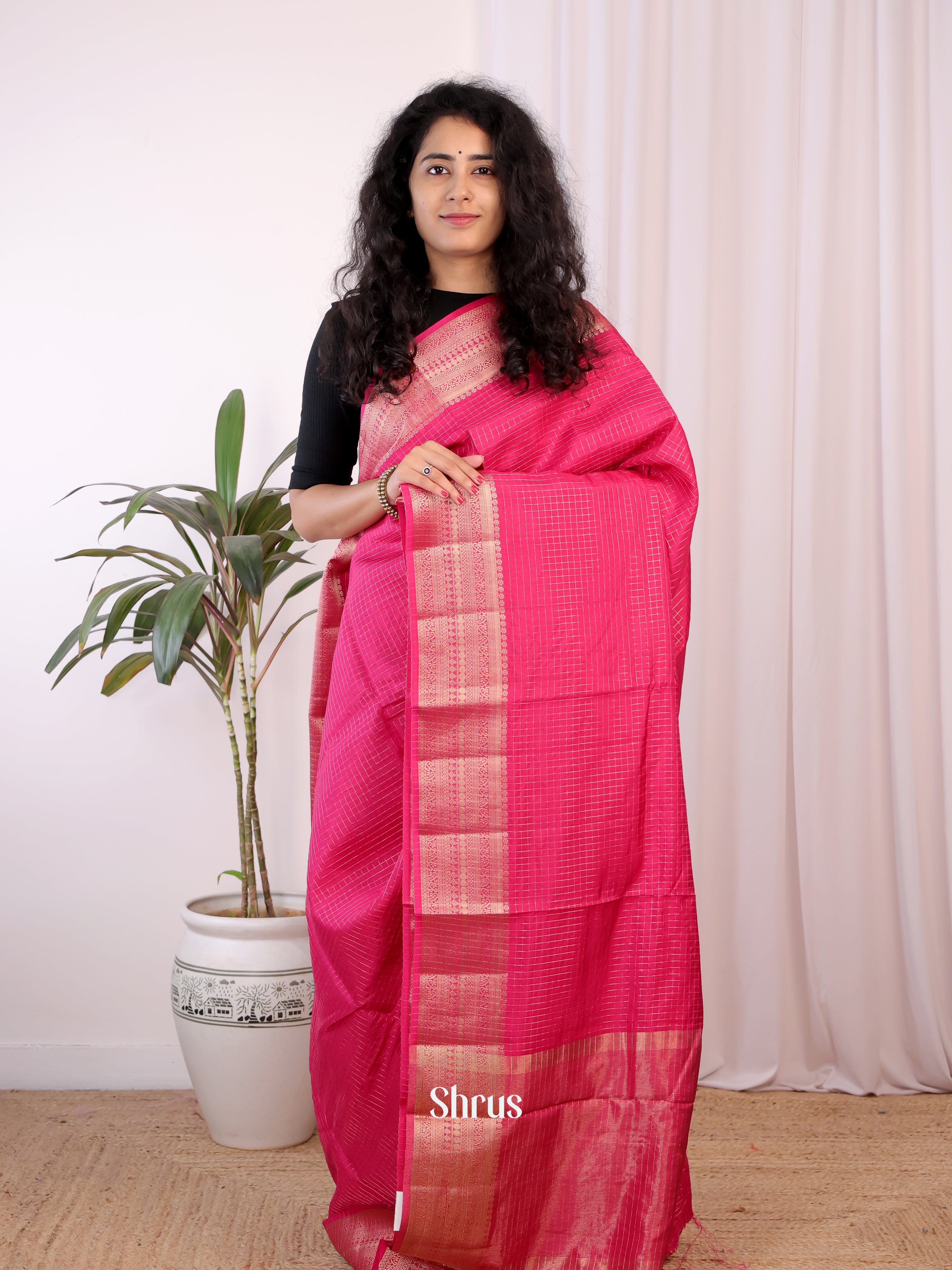 Pink & Green - Semi Chanderi Saree - Shop on Shrus.com